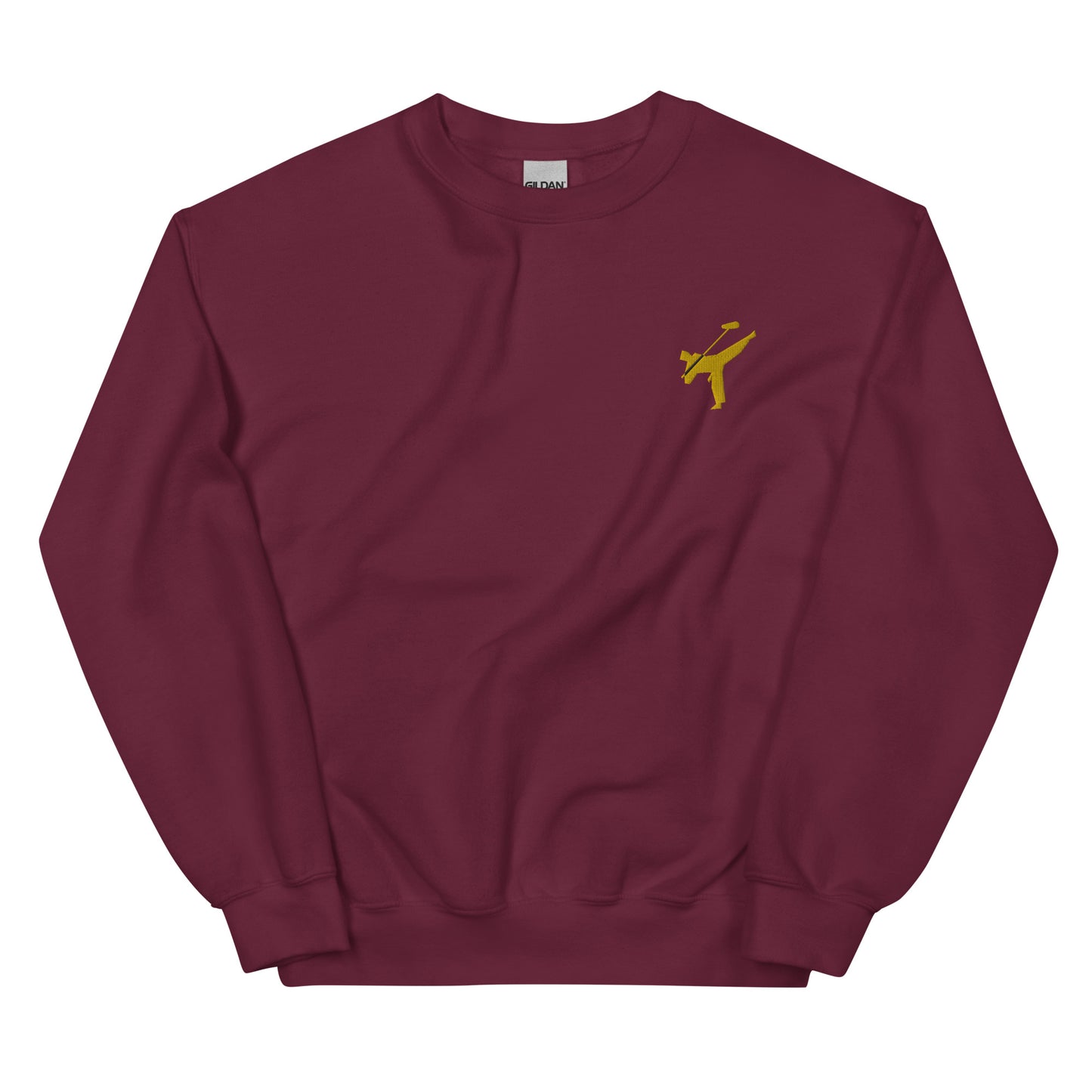 Active Duty Audio Pro embroidered sweatshirt. Front view of maroon sweatshirt with embroidered graphic of martial arts fighter.