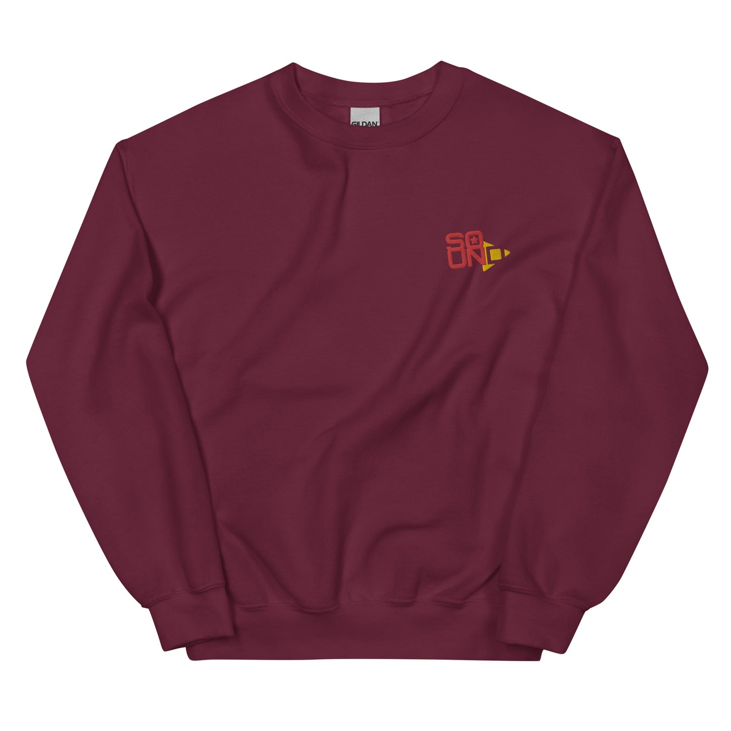 Star Player embroidered sweatshirt. Front view of a maroon colour sweatshirt with an embroidered graphic that says SOUND.