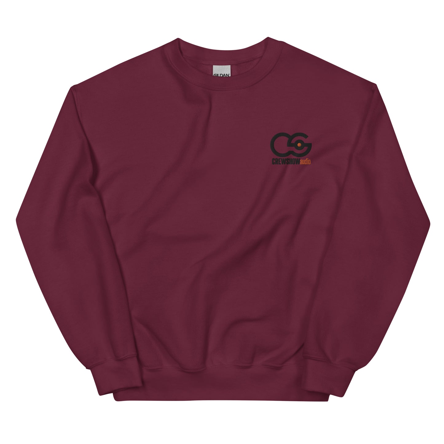 Crew Show Audio embroidered sweatshirt. Front view of a maroon colour sweatshirt with the Crew Show Audio logo embroidered on the front.