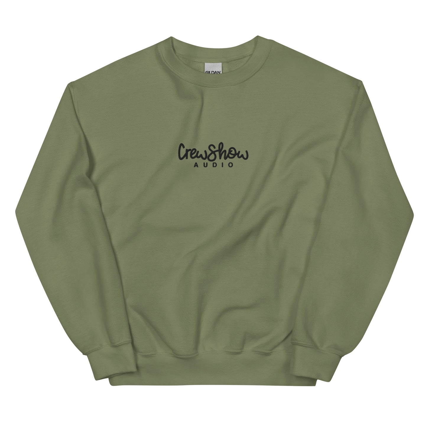 Crew Show Audio Script embroidered sweatshirt. Front view of green sweatshirt with Crew Show Audio embroidered on the front.