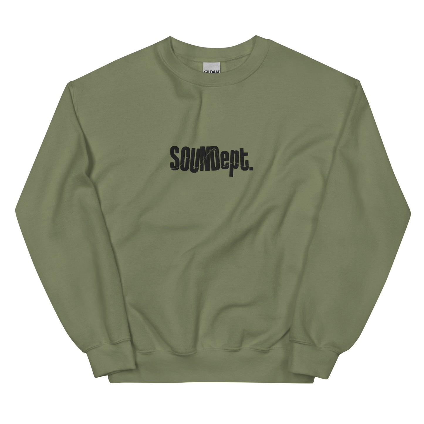 Sound Dept 3 embroidered graphic sweatshirt. Front view of green sweatshirt with an embroidered graphic that says SOUNDept.