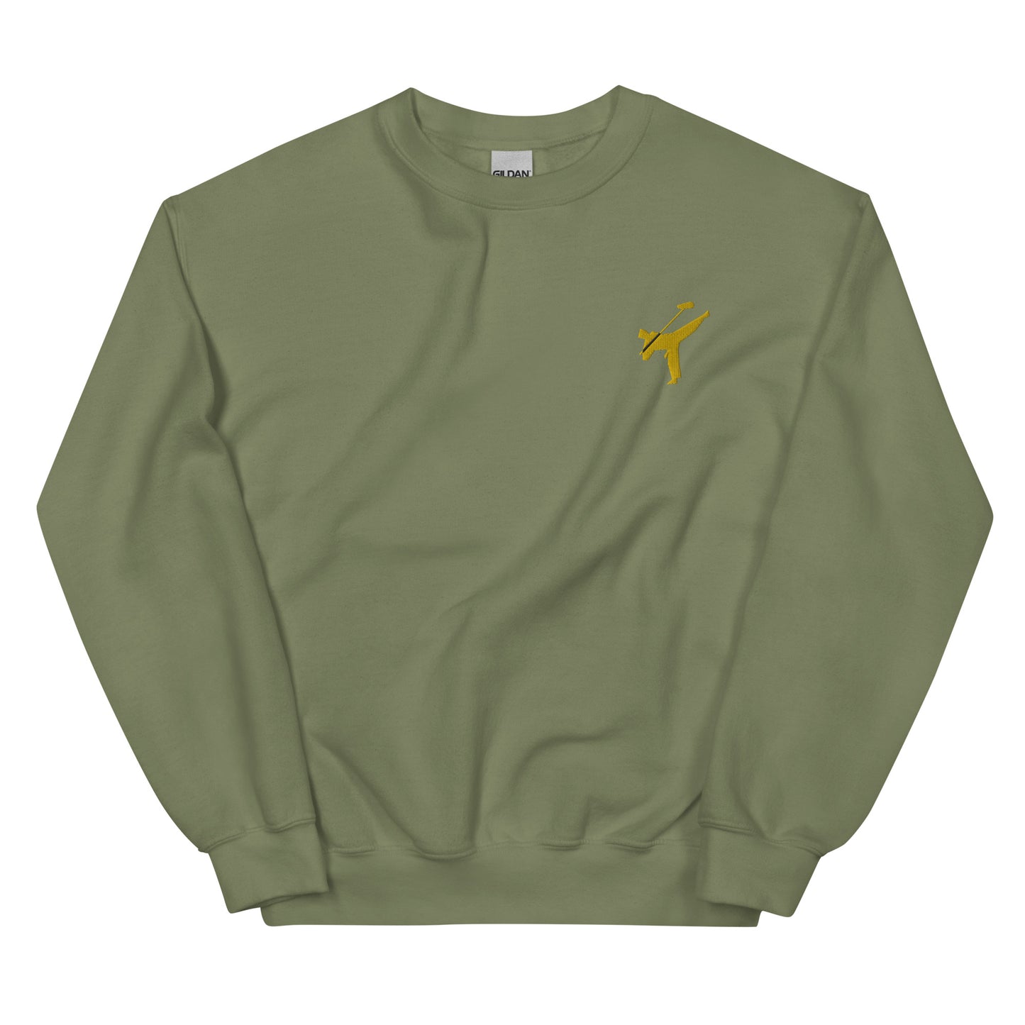 Active Duty Audio Pro embroidered sweatshirt. Front view of green sweatshirt with embroidered graphic of martial arts fighter.