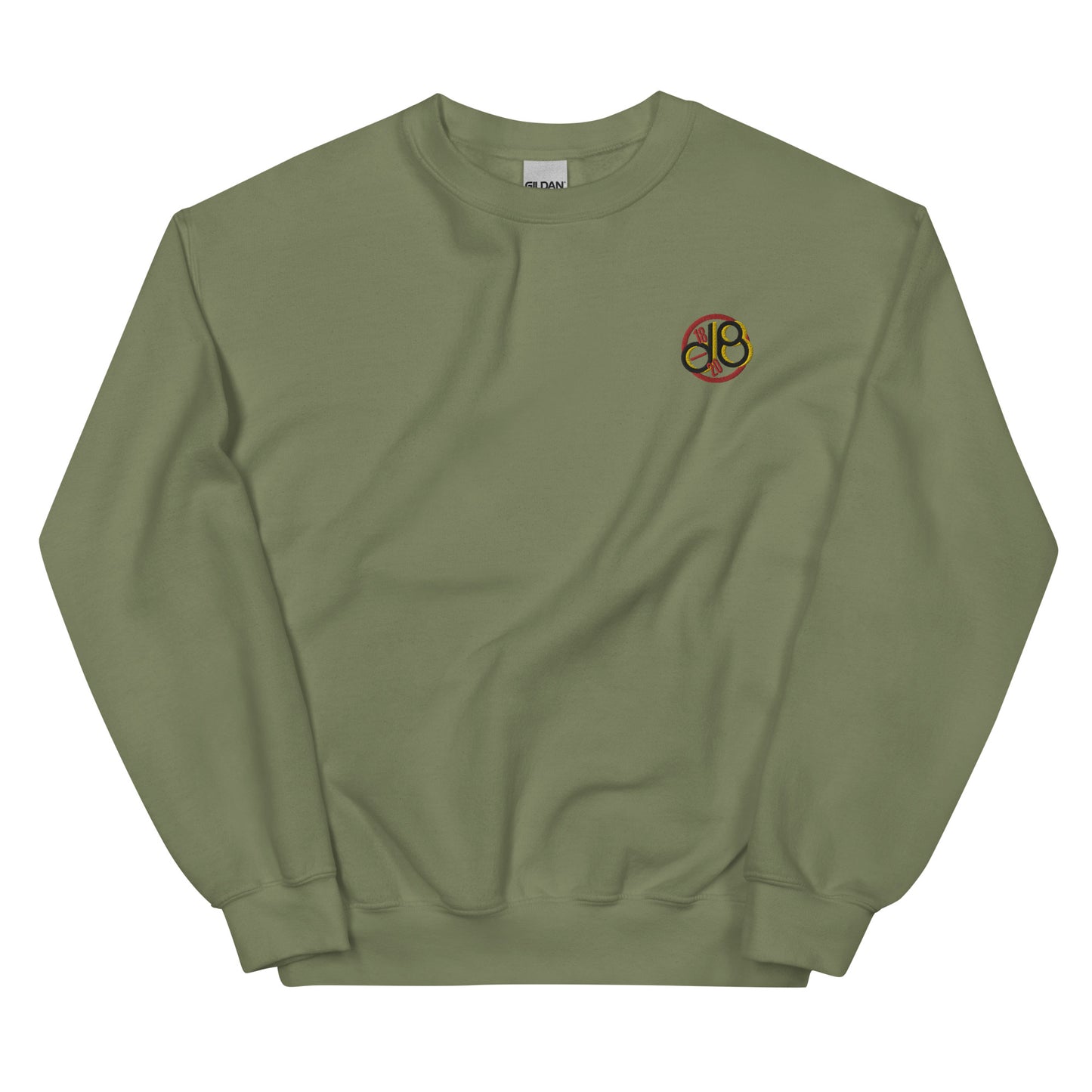 Full Scale dB embroidered sweatshirt. Front view of a green sweatshirt with an embroidered graphic that says dB.