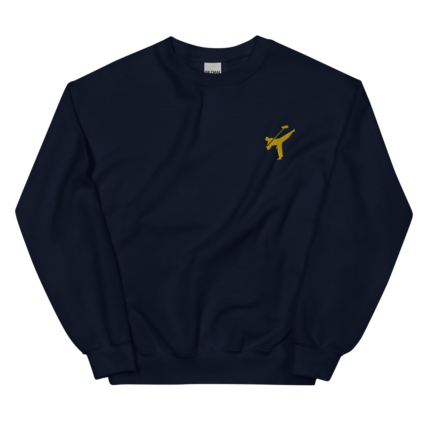 Active Duty Audio Pro embroidered sweatshirt. Front view of navy sweatshirt with embroidered graphic of martial arts fighter.