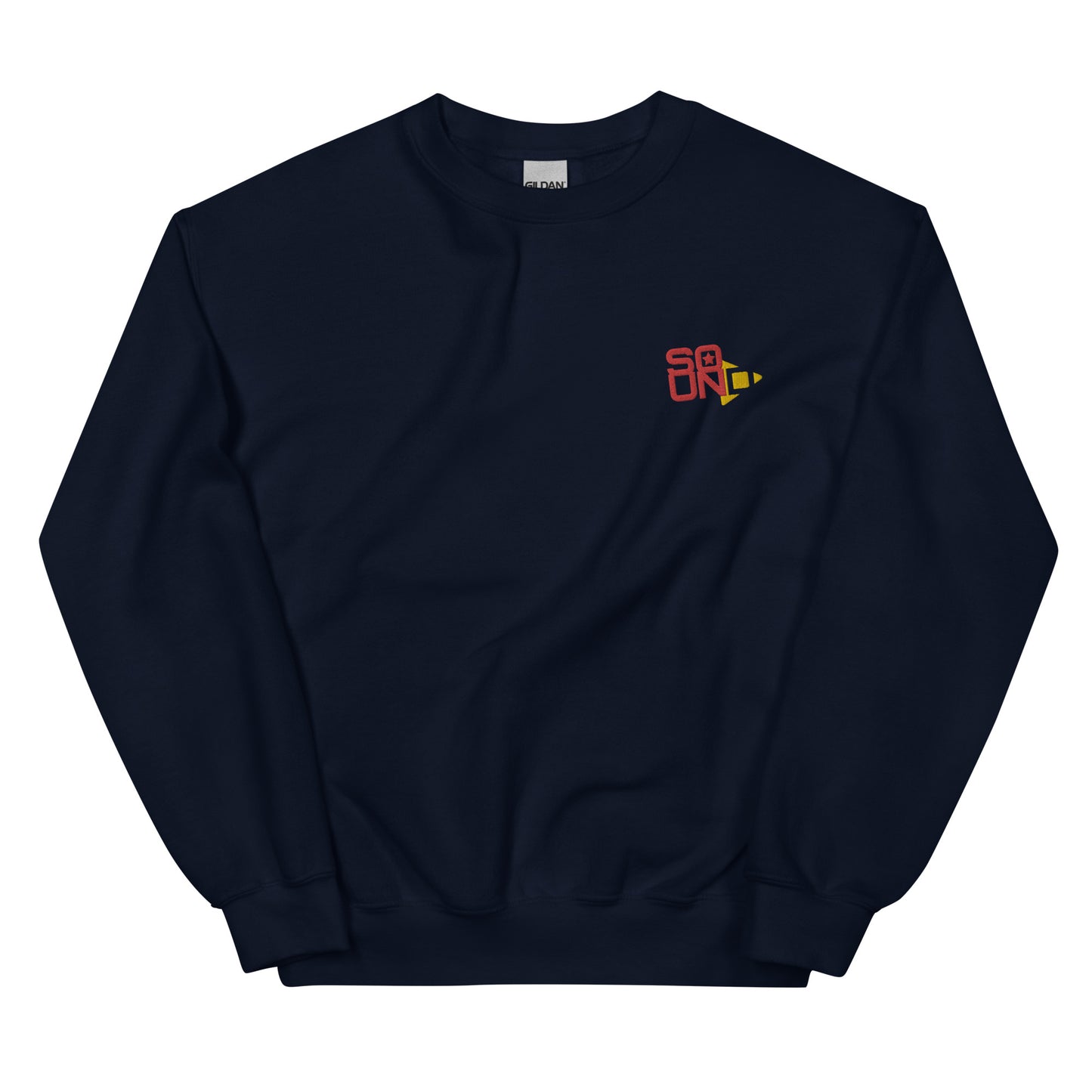 Star Player embroidered sweatshirt. Front view of navy blue sweatshirt with an embroidered graphic that says SOUND.