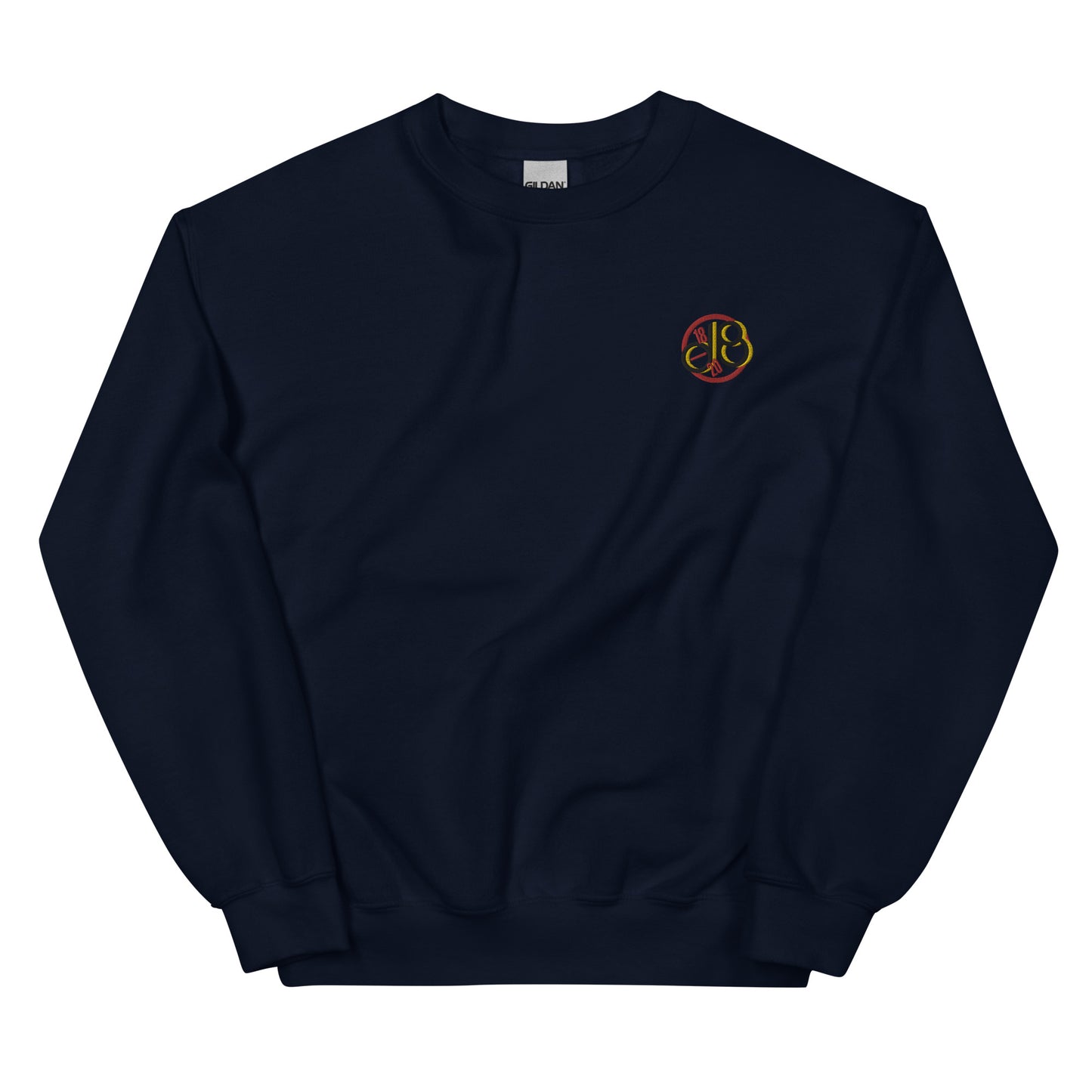 Full Scale dB embroidered sweatshirt. Front view of a navy blue sweatshirt with an embroidered graphic that says dB.