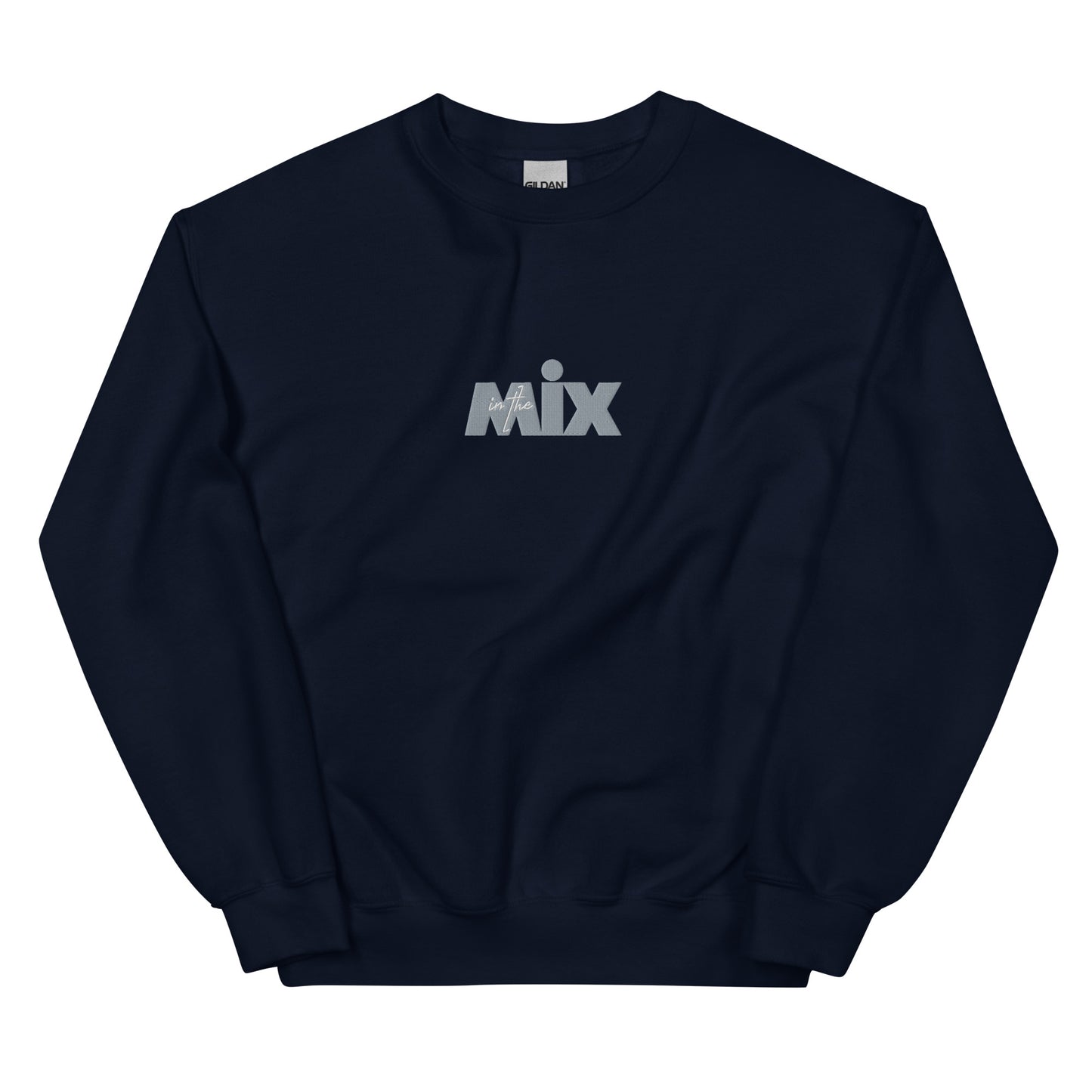 In The Mix embroidered sweatshirt. Front view of a navy blue sweatshirt with an embroidered text graphic that says MIX.