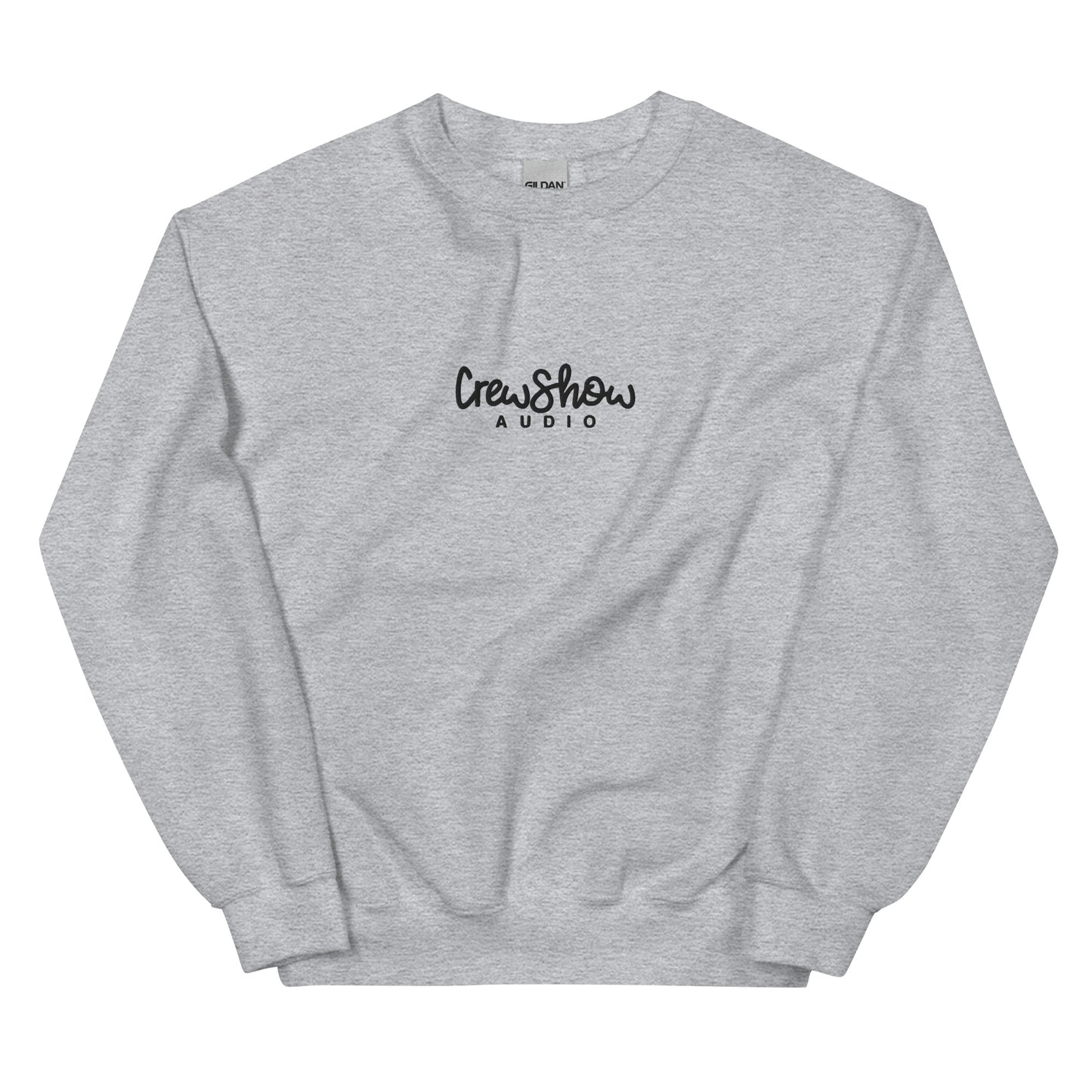 Crew Show Audio Script embroidered sweatshirt. Front view of grey colour sweatshirt with Crew Show Audio embroidered on the front.