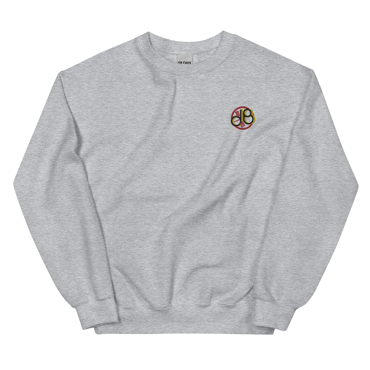 Full Scale dB embroidered sweatshirt. Front view of a light grey sweatshirt with an embroidered graphic that says dB.