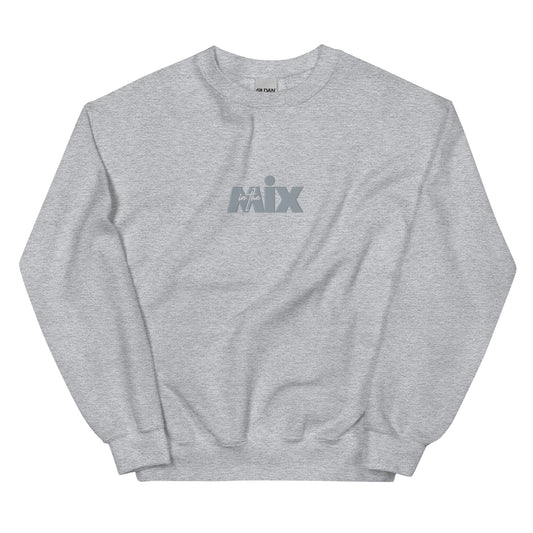 In The Mix embroidered sweatshirt. Front view of a light grey sweatshirt with an embroidered text graphic that says MIX.