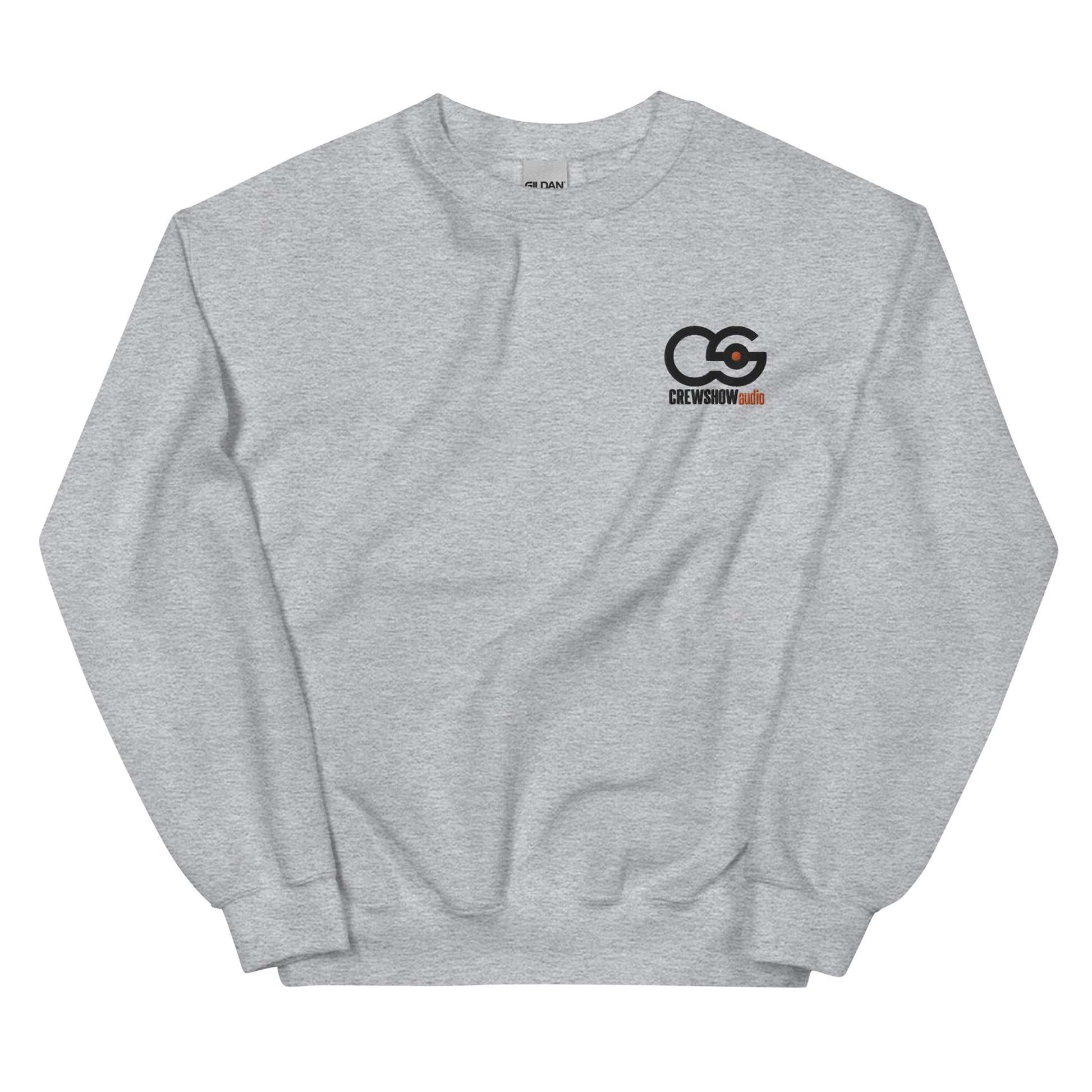 Crew Show Audio embroidered sweatshirt. Front view of a grey sweatshirt with the Crew Show Audio logo embroidered on the front.