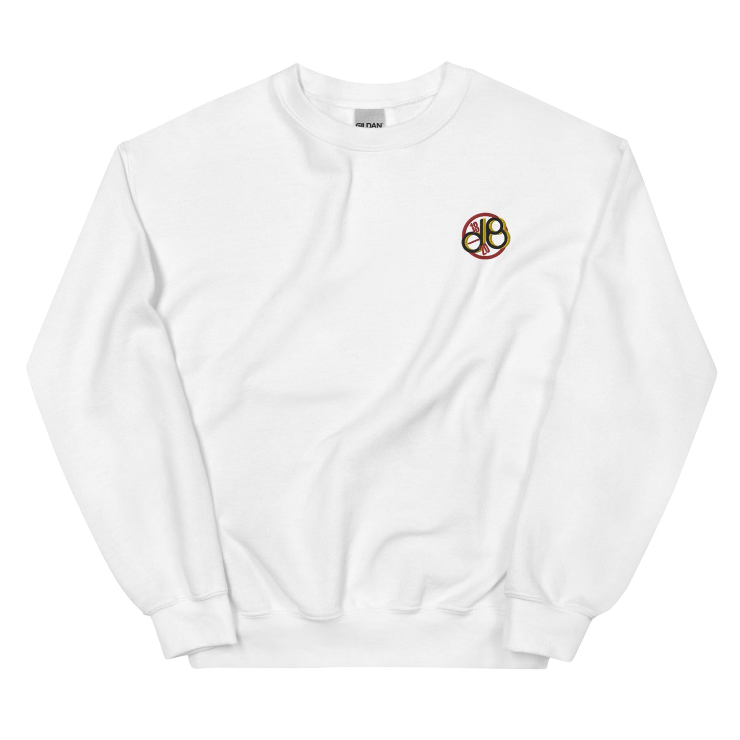 Full Scale dB embroidered sweatshirt. Front view of a white sweatshirt with an embroidered graphic that says dB.