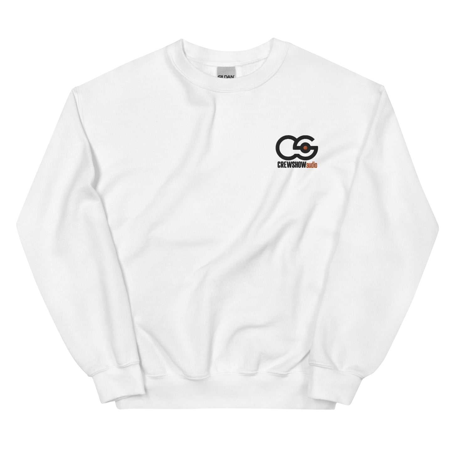 Crew Show Audio embroidered sweatshirt. Front view of a white sweatshirt with the Crew Show Audio logo embroidered on the front.