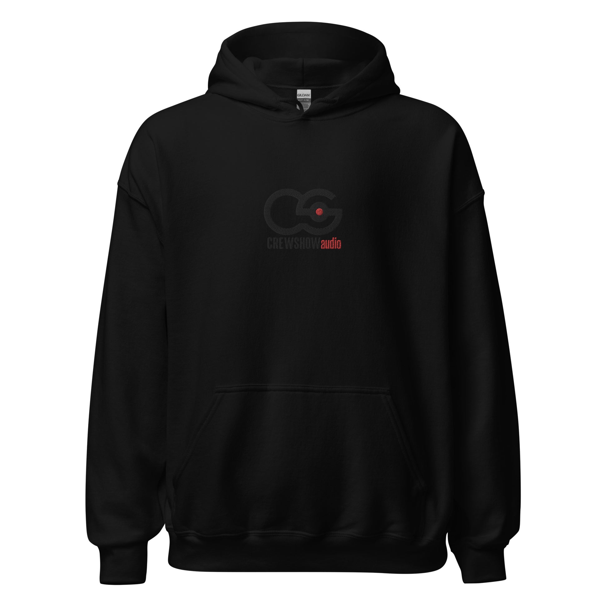 Crew Show Audio unisex embroidered hoodie. Front view of black hoodie with the Crew Show Audio logo embroidered on the front.