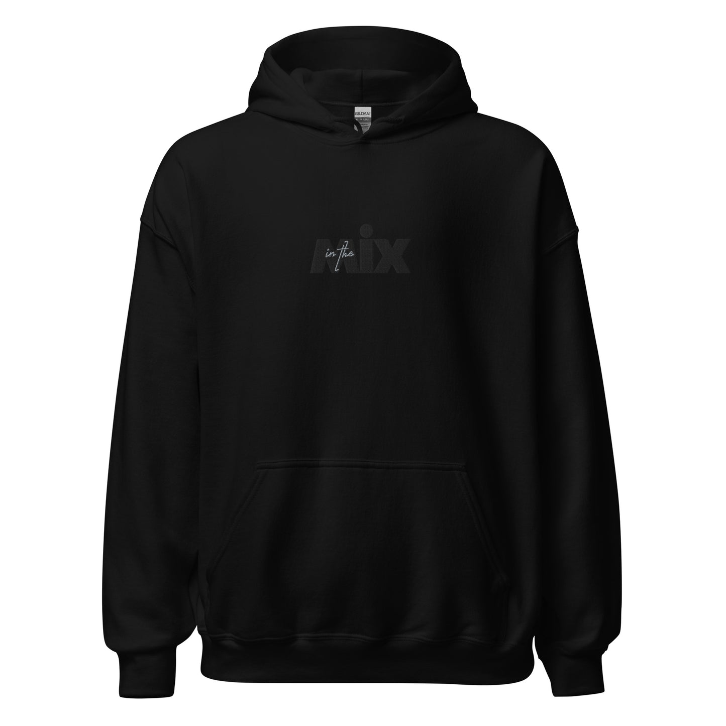 In The Mix embroidered hoodie. Front view of black hoodie with embroidered text that says MIX.