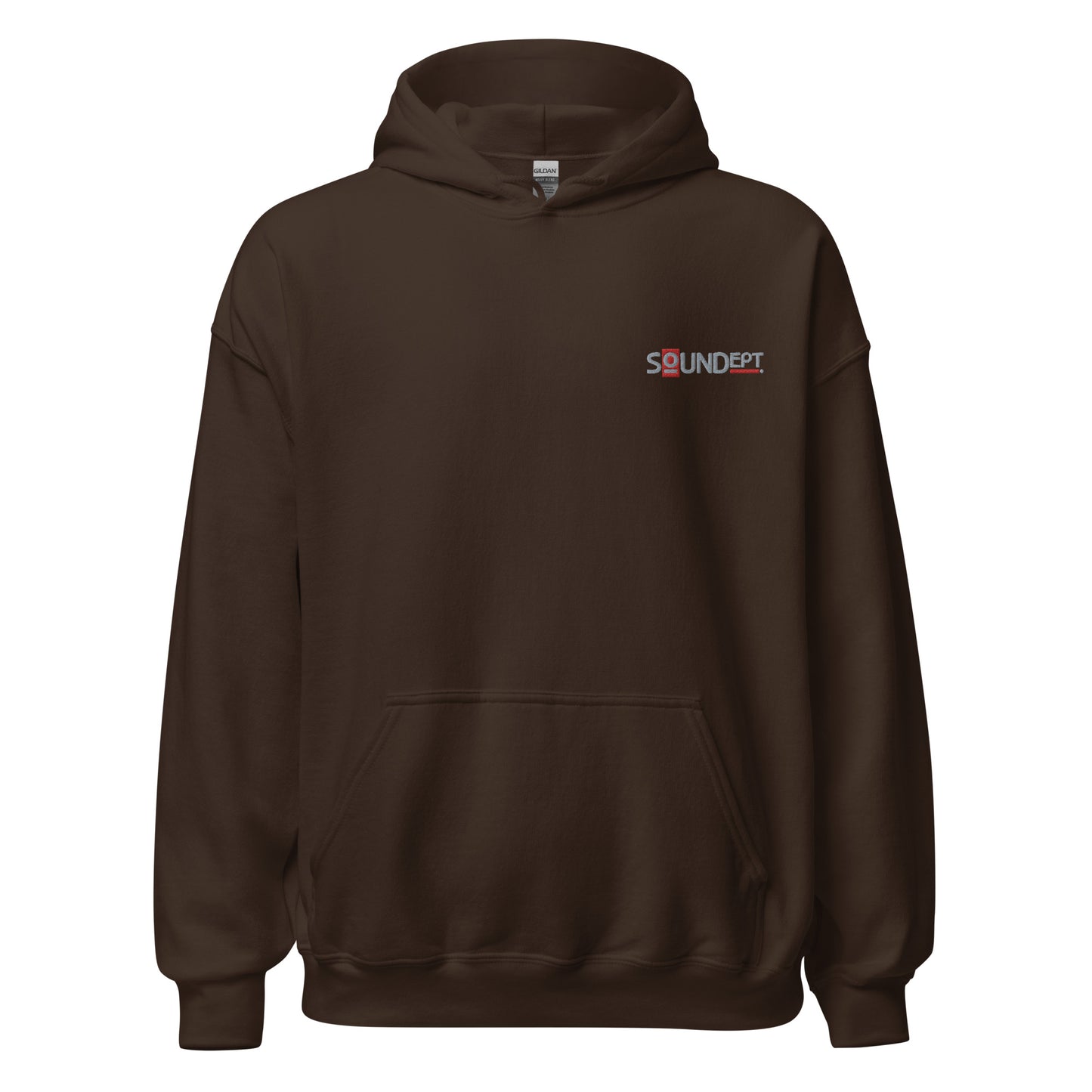 Sound Dept 1 embroidered graphic hoodie. Front view of dark chocolate colour hoodie with embroidered graphic that says SOUNDept.