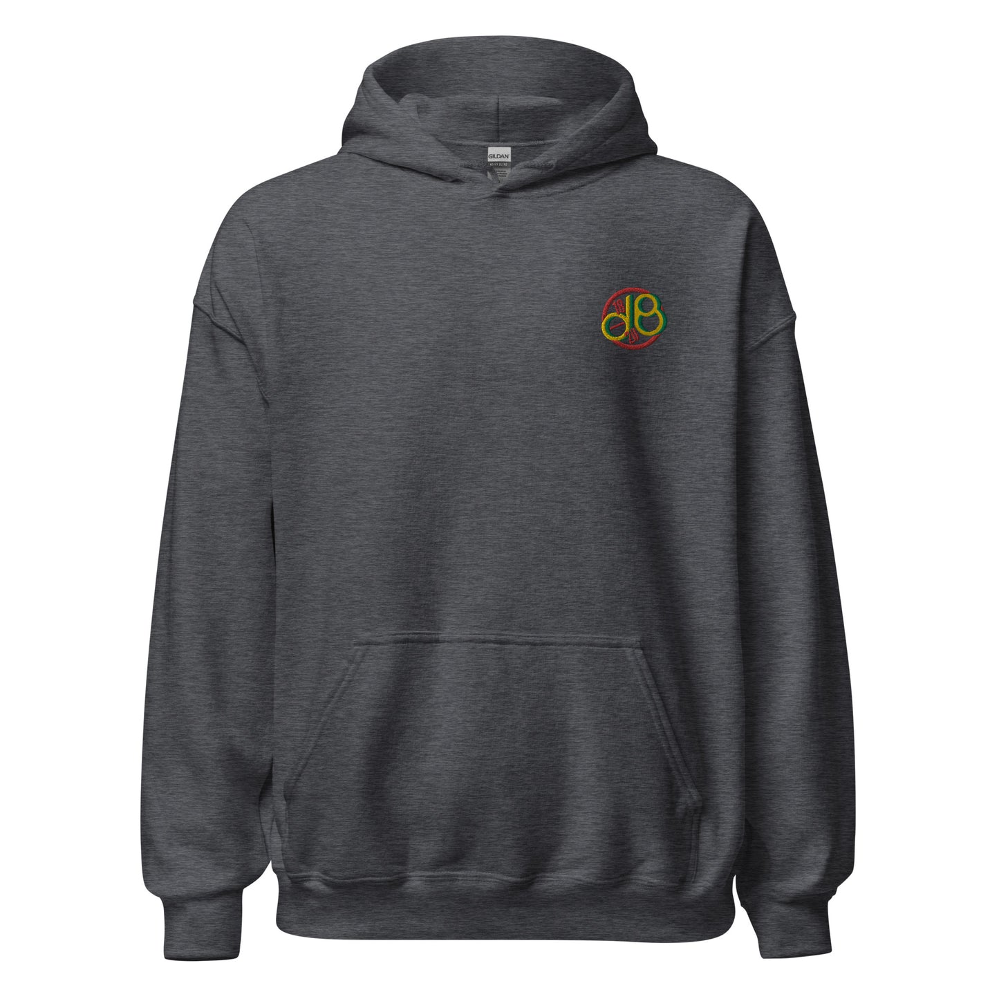 Full Scale Decibel embroidered hoodie. Front view of grey hoodie with embroidered letters d & B.