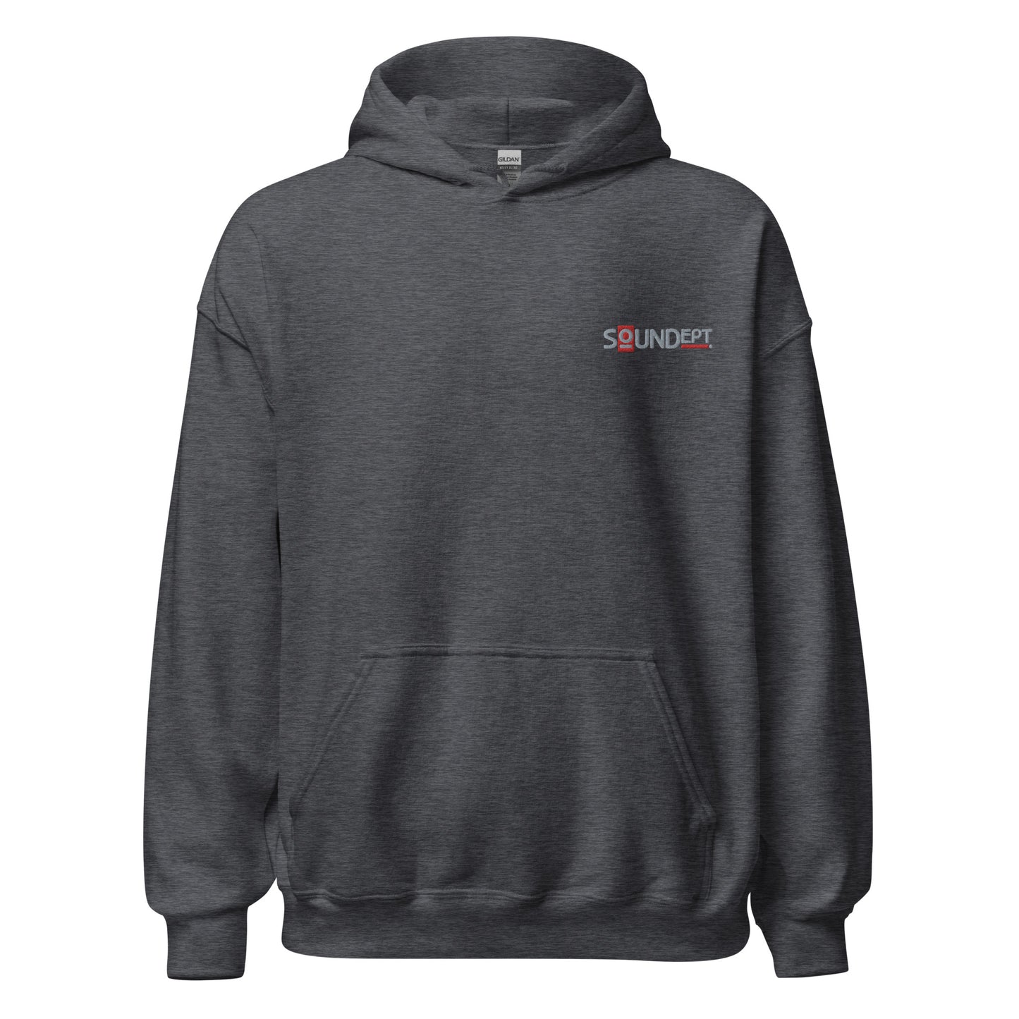 Sound Dept 1 embroidered graphic hoodie. Front view of dark grey hoodie with embroidered graphic that says SOUNDept.