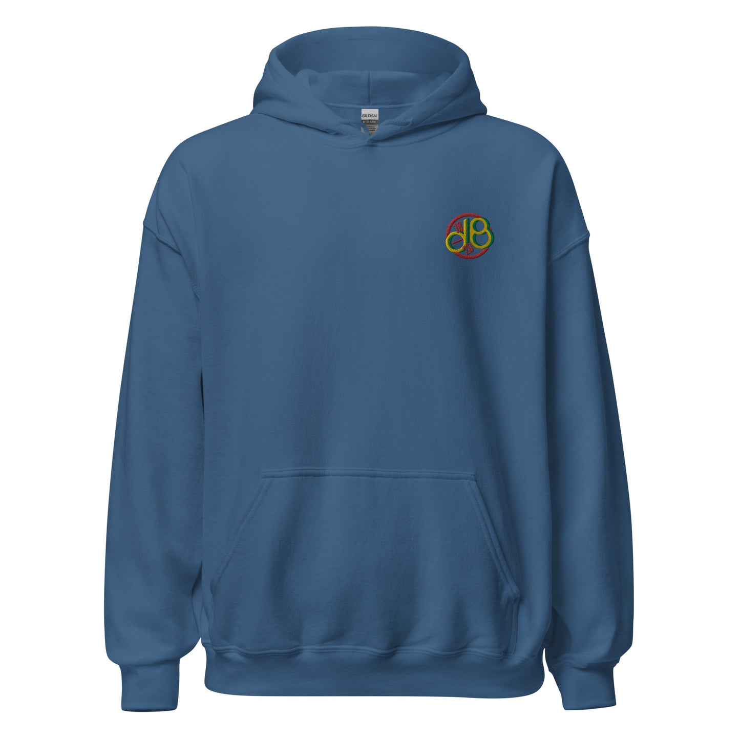 Full Scale Decibel embroidered hoodie. Front view of blue hoodie with embroidered letters d & B.