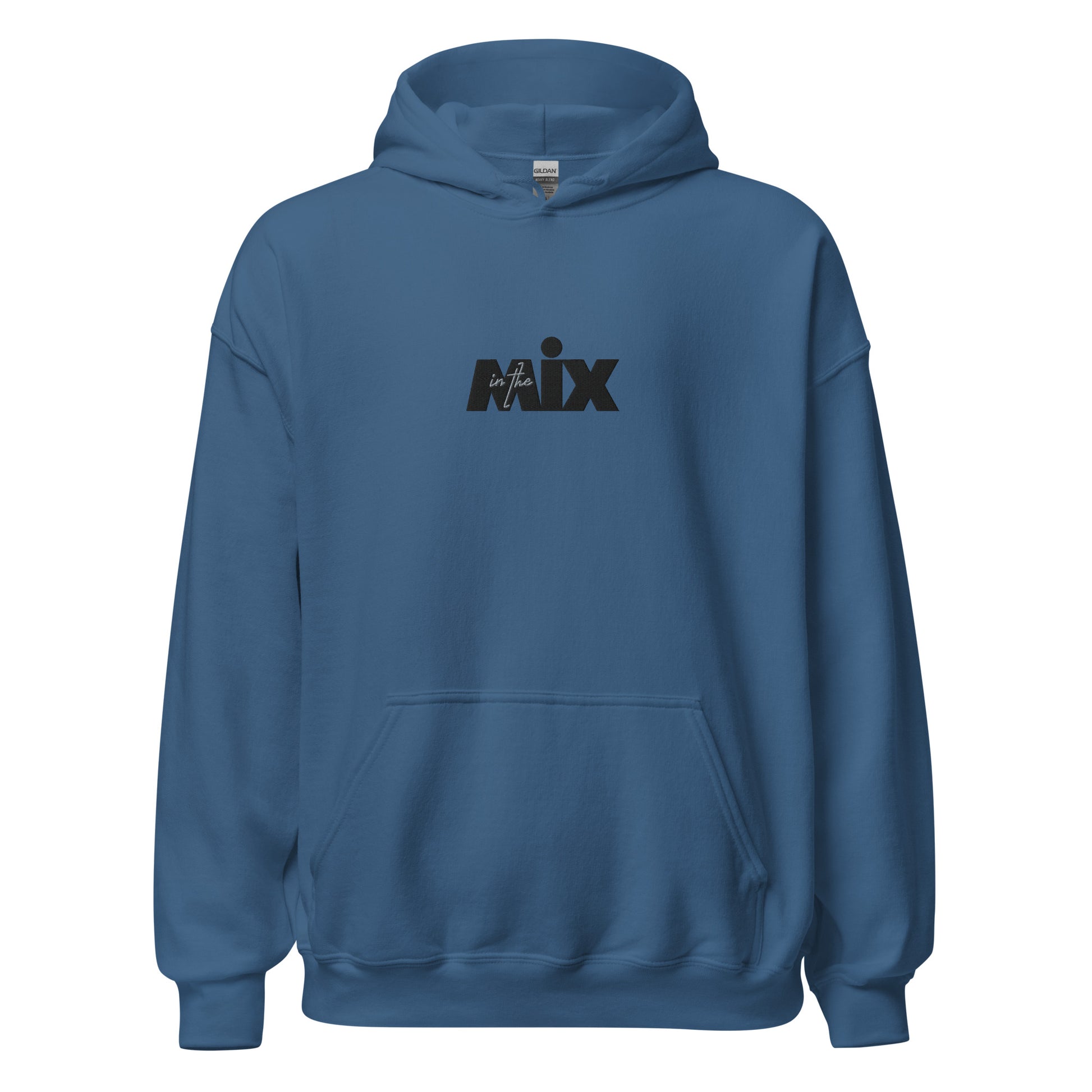 In The Mix embroidered hoodie. Front view of indigo blue hoodie with embroidered text that says MIX.