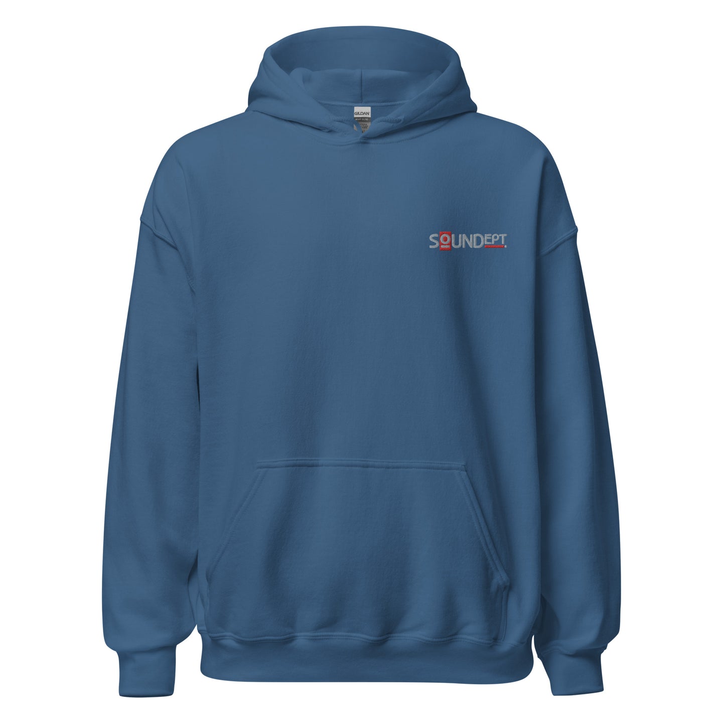 Sound Dept 1 embroidered graphic hoodie. Front view of indigo blue colour hoodie with embroidered graphic that says SOUNDept.