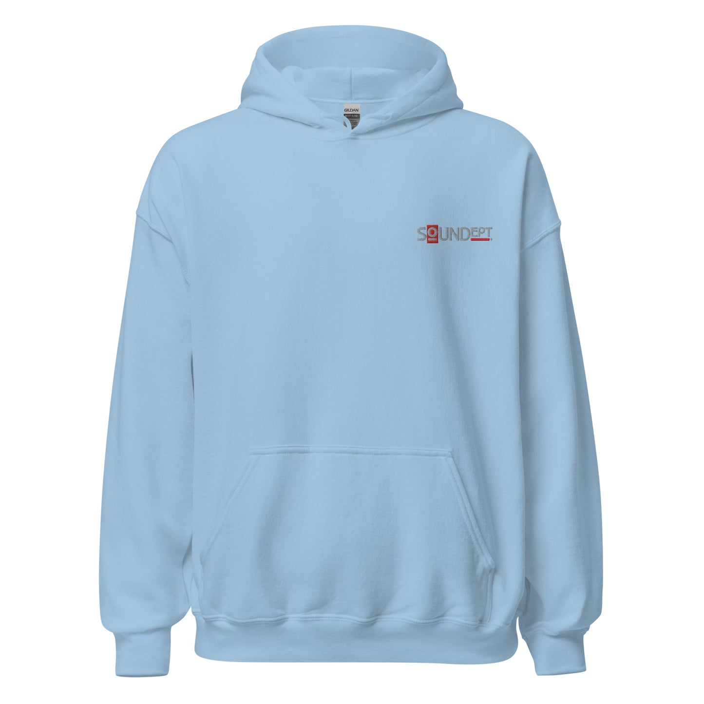 Sound Dept 1 embroidered graphic hoodie. Front view of light blue hoodie with embroidered graphic that says SOUNDept.