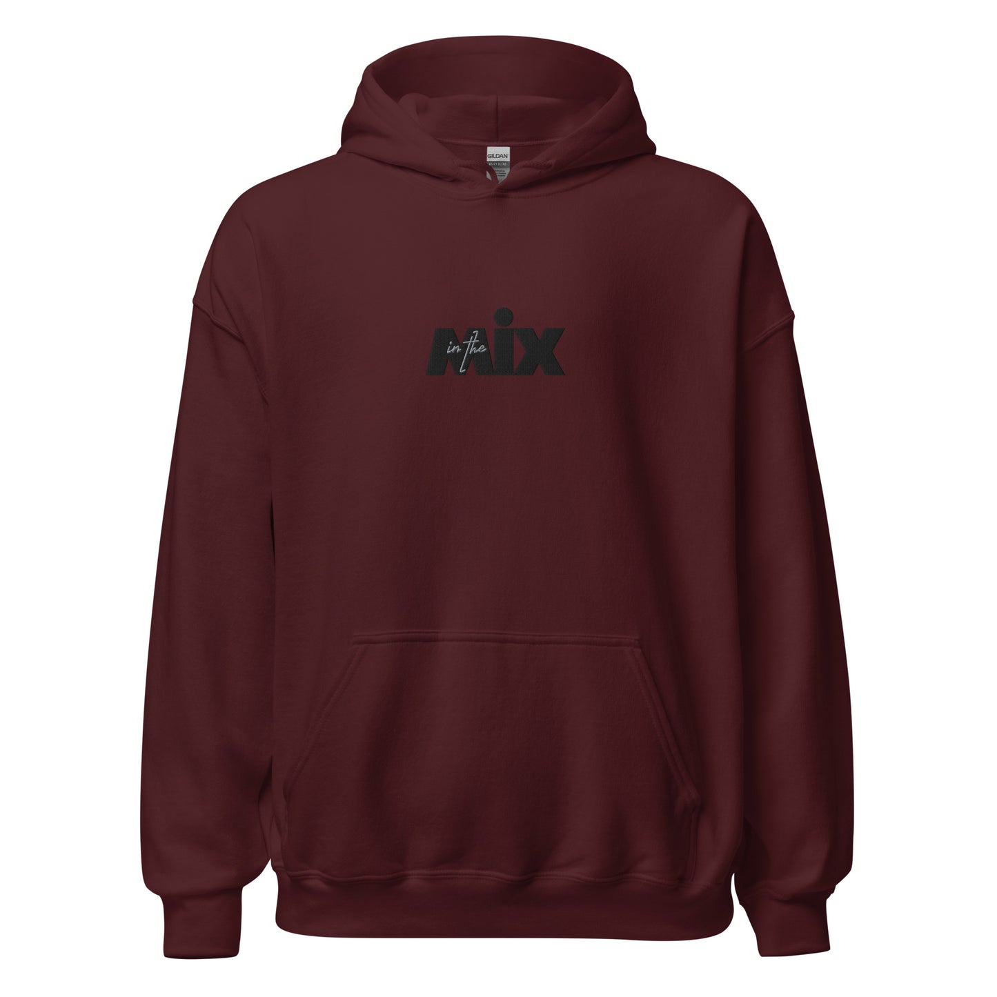 In The Mix embroidered hoodie. Front view of maroon colour hoodie with embroidered text that says MIX.