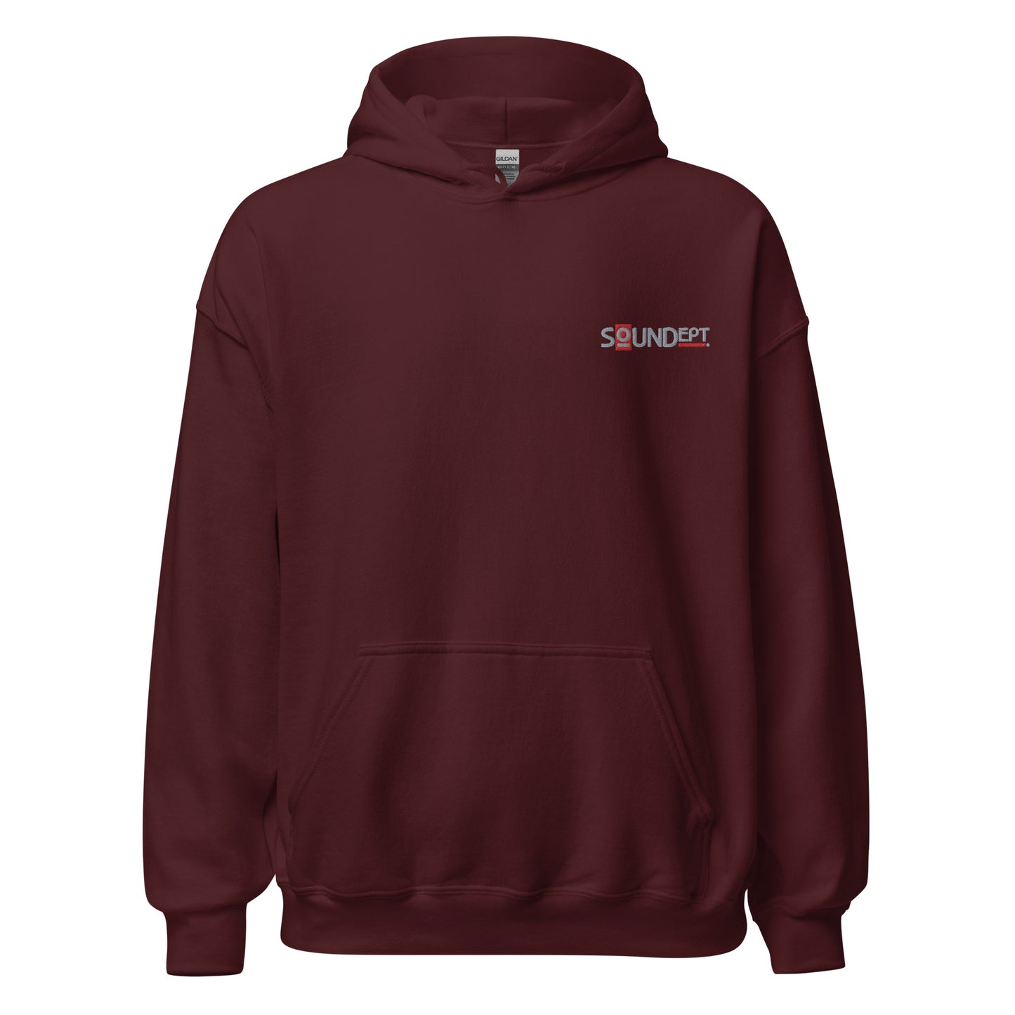 Sound Dept 1 embroidered graphic hoodie. Front view of maroon colour hoodie with embroidered graphic that says SOUNDept.