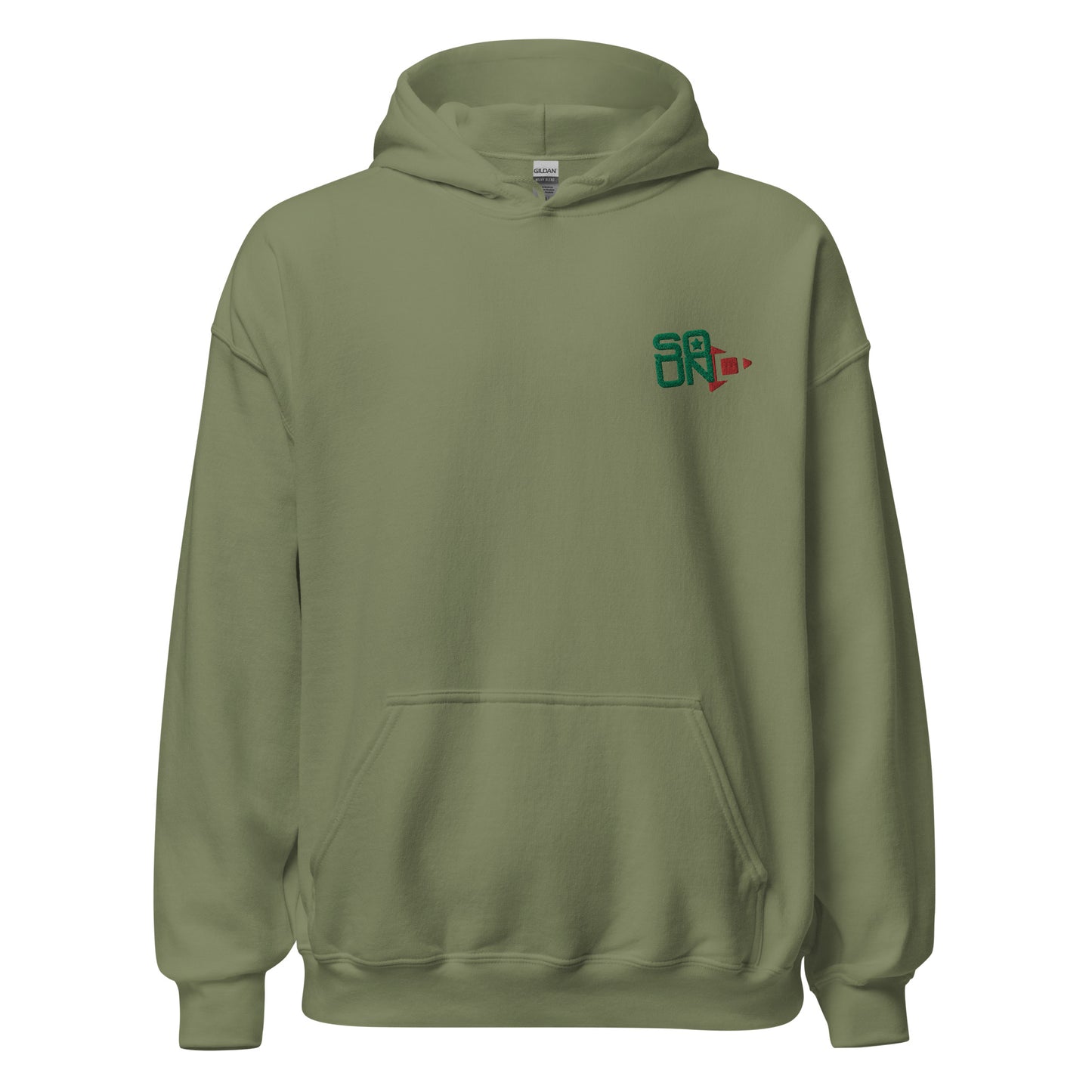 Star Player embroidered hoodie. Front view of a green colour hoodie with an embroidered graphic of the word sound.