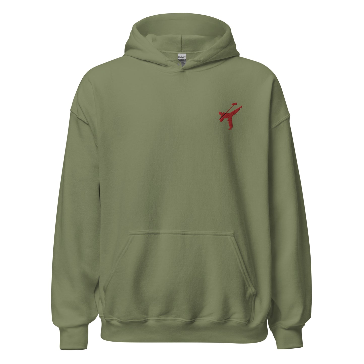 Active Duty Boom Op embroidered hoodie. Front view of green hoodie with embroidered graphic of martial arts fighter.