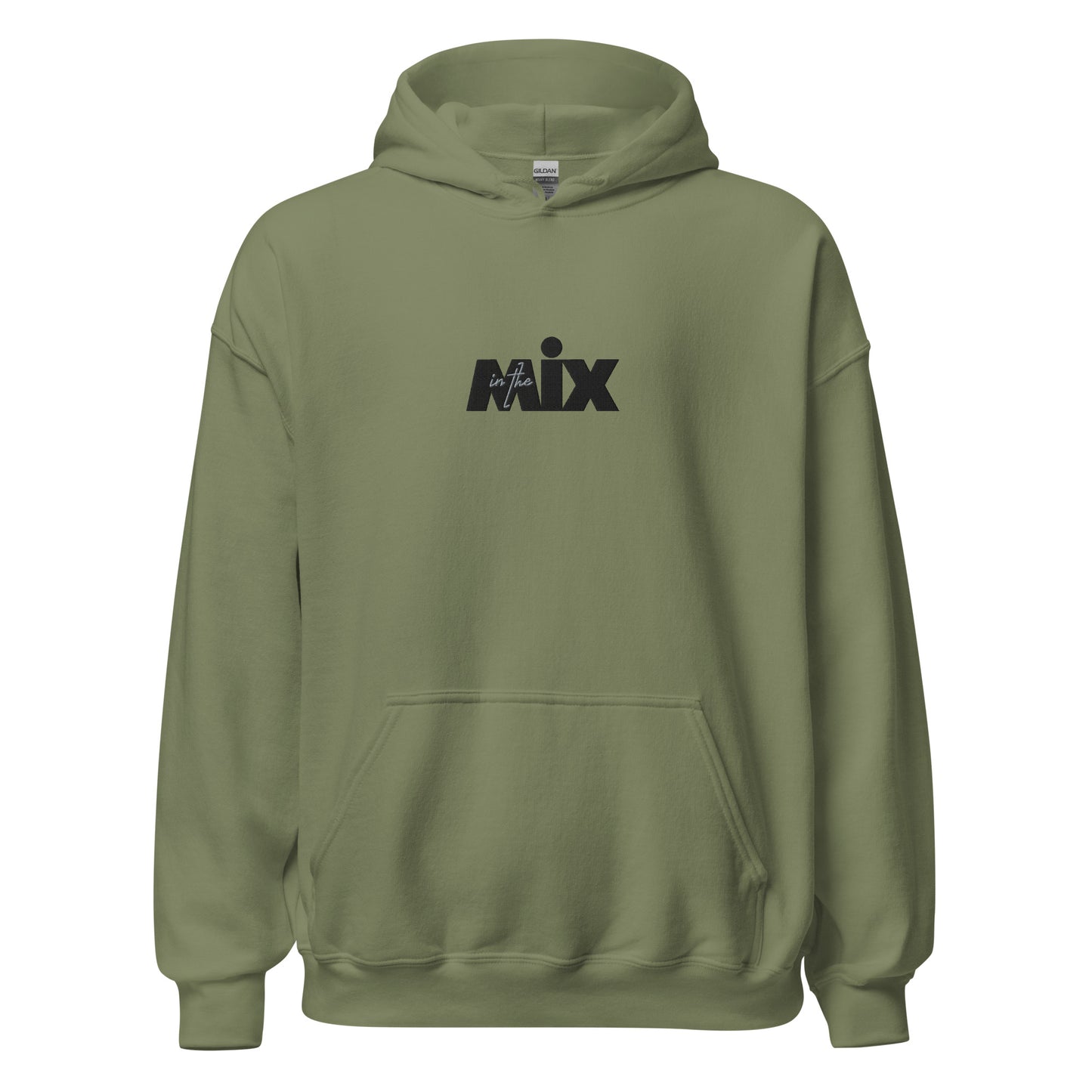 In The Mix embroidered hoodie. Front view of green hoodie with embroidered text that says MIX.