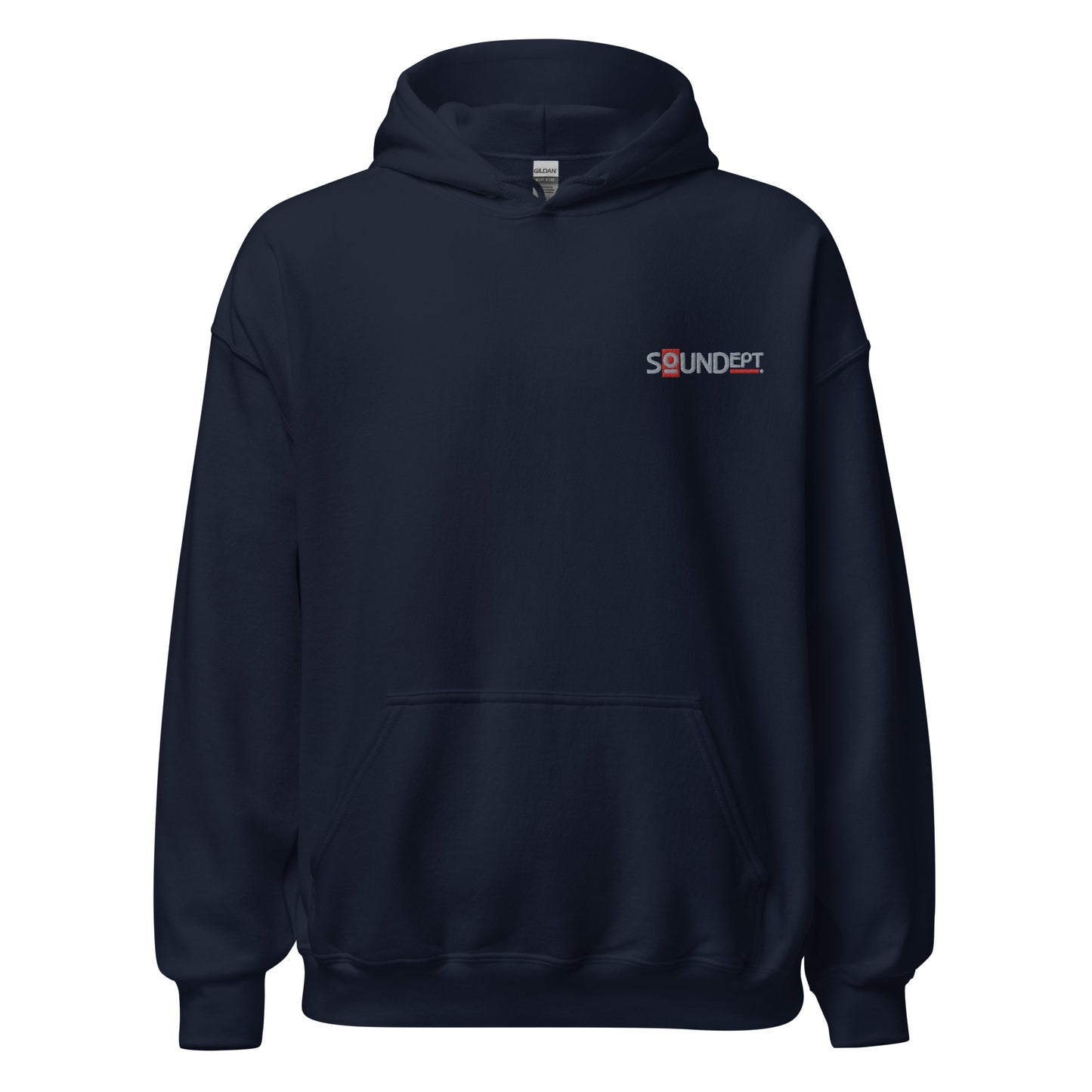 Sound Dept 1 embroidered graphic hoodie. Front view of navy colour hoodie with embroidered graphic that says SOUNDept.