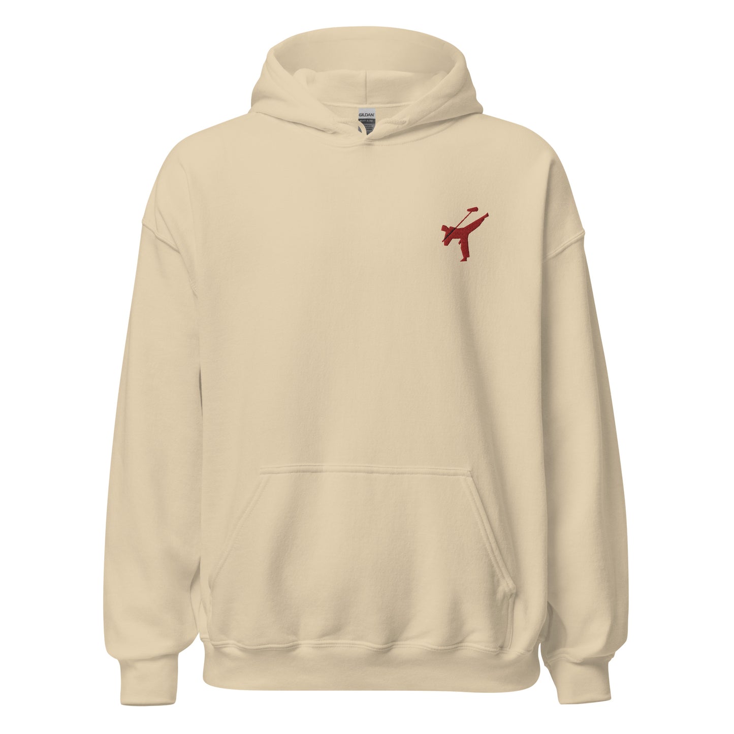 Active Duty Boom Op embroidered hoodie. Front view of sand colour hoodie with embroidered graphic of martial arts fighter.