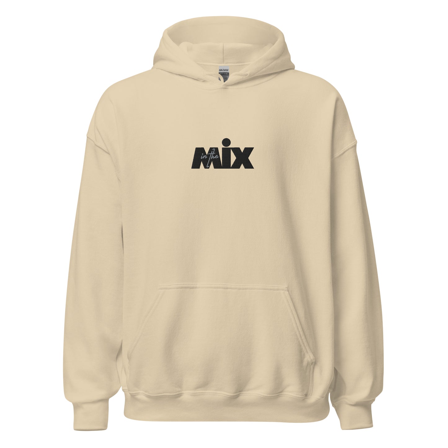 In The Mix embroidered hoodie. Front view of sand colour hoodie with embroidered text that says MIX.