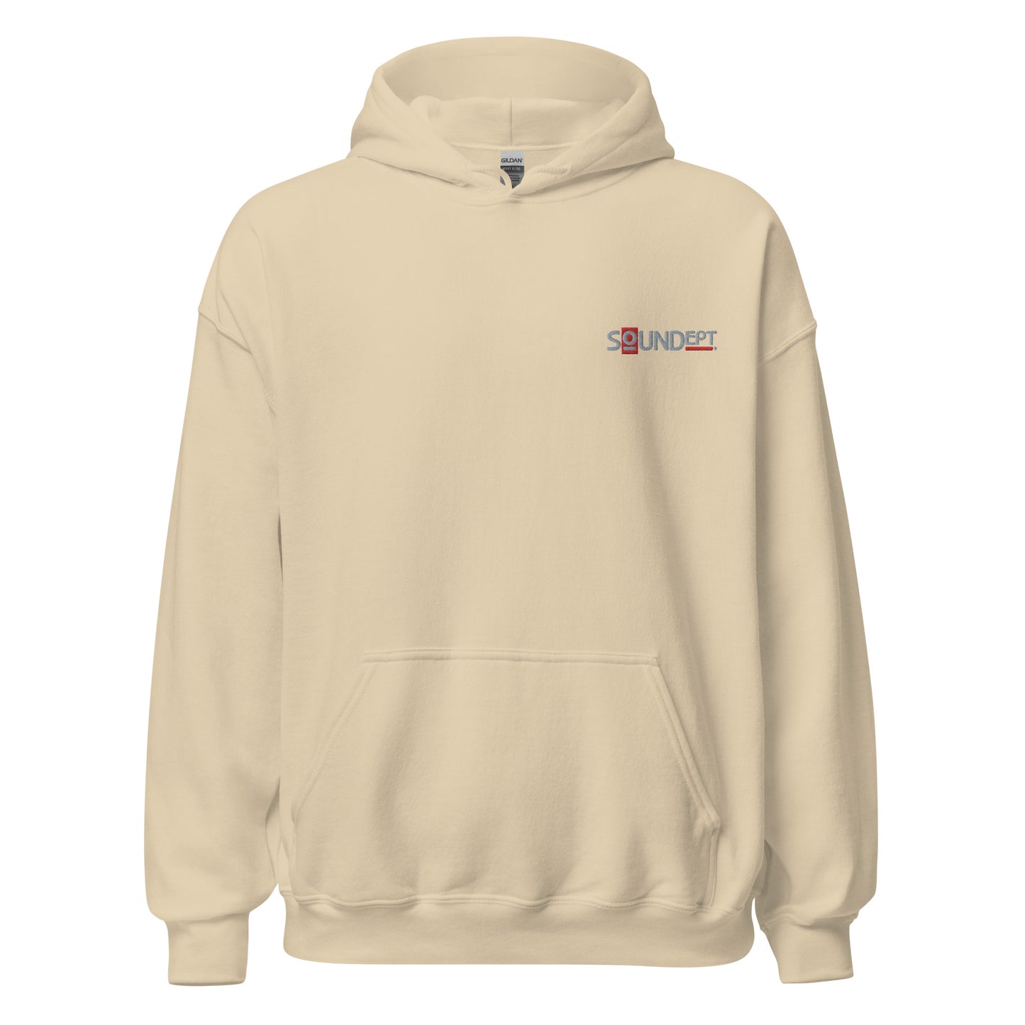 Sound Dept 1 embroidered graphic hoodie. Front view of sand colour hoodie with embroidered graphic that says SOUNDept.