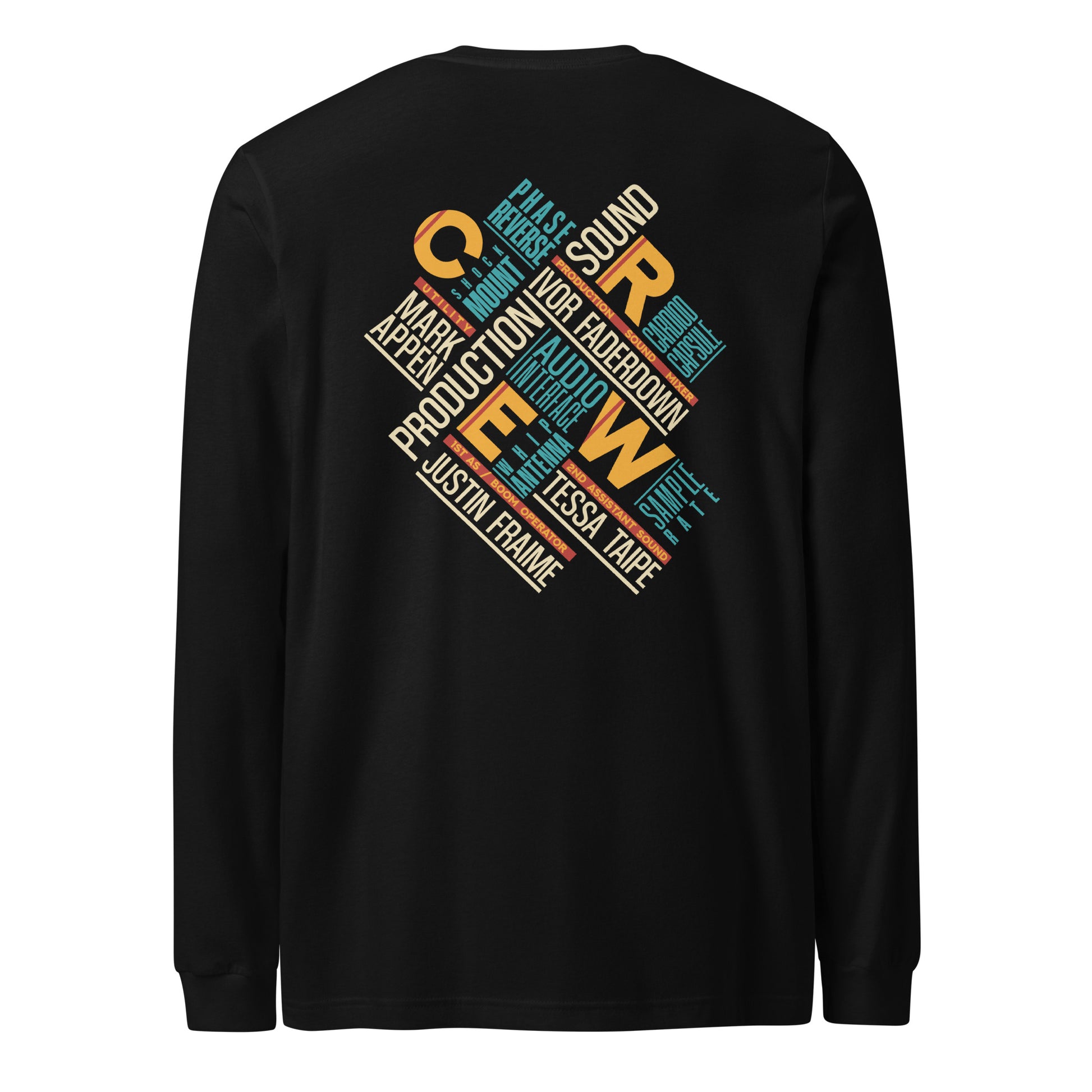 Credits Film Sound Crew Unisex Long Sleeve T-shirt. Back view of black long sleeve t-shirt with a colourful typographic film sound crew design on it