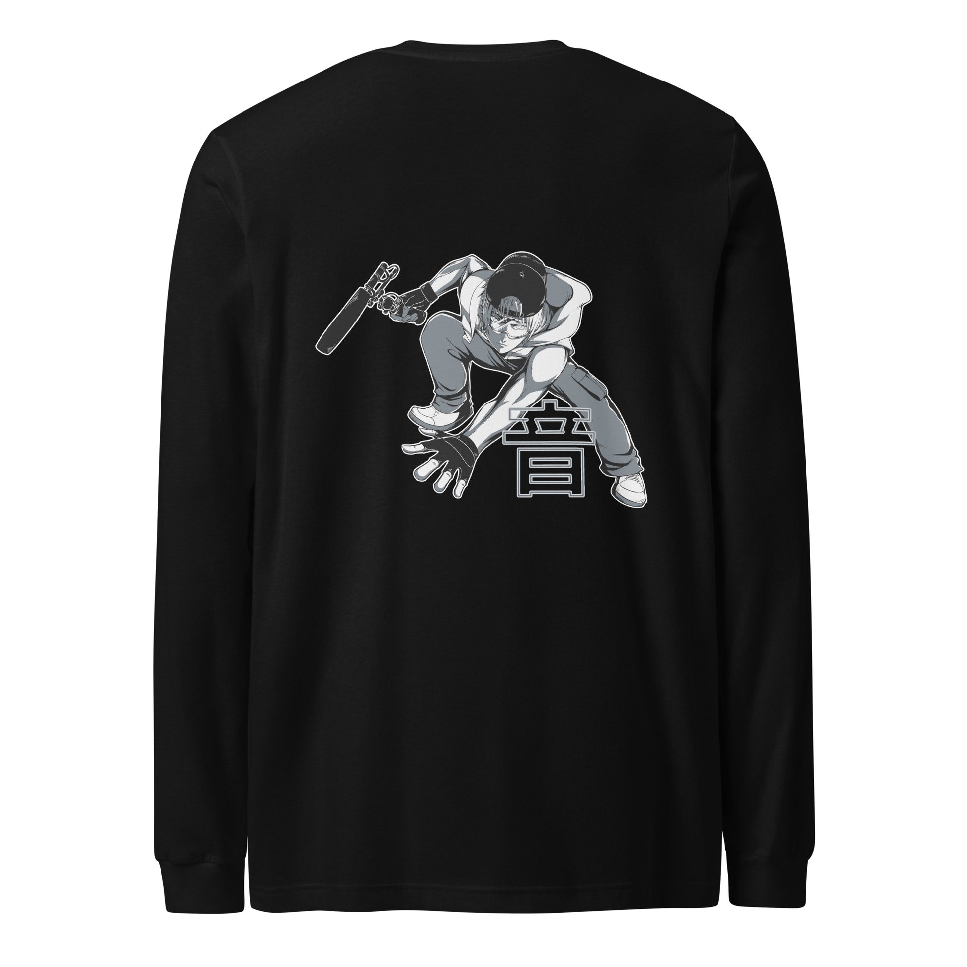 Kenji manga art Sound man Action hero Long sleeve t-shirt. Back view of black long sleeve t-shirt with graphic image of Manga hero character.