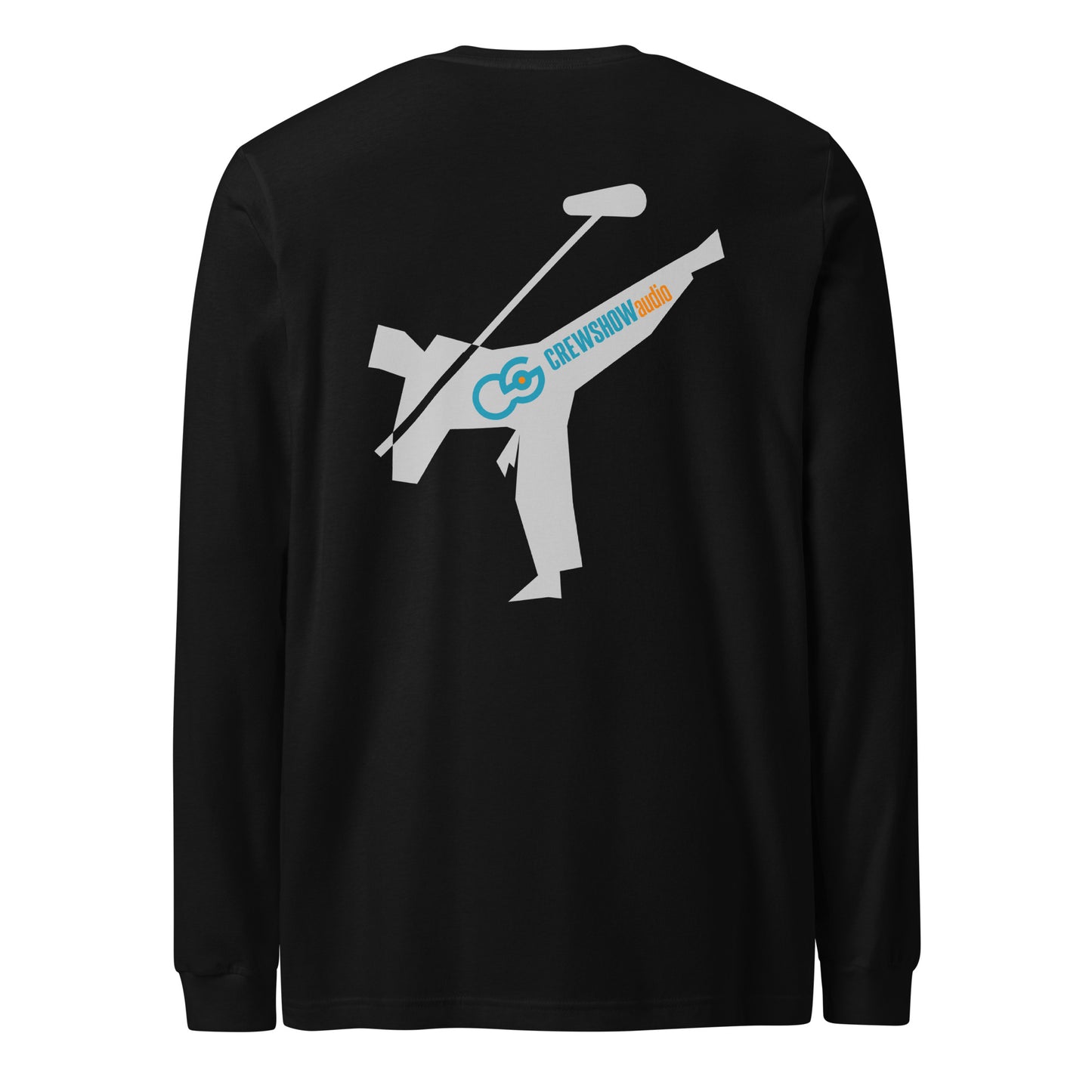 First Lieutenant Boom Warrior long-sleeve tee. Back view of a black long-sleeve t-shirt with a large graphic of a martial arts fighter holding a boom microphone.