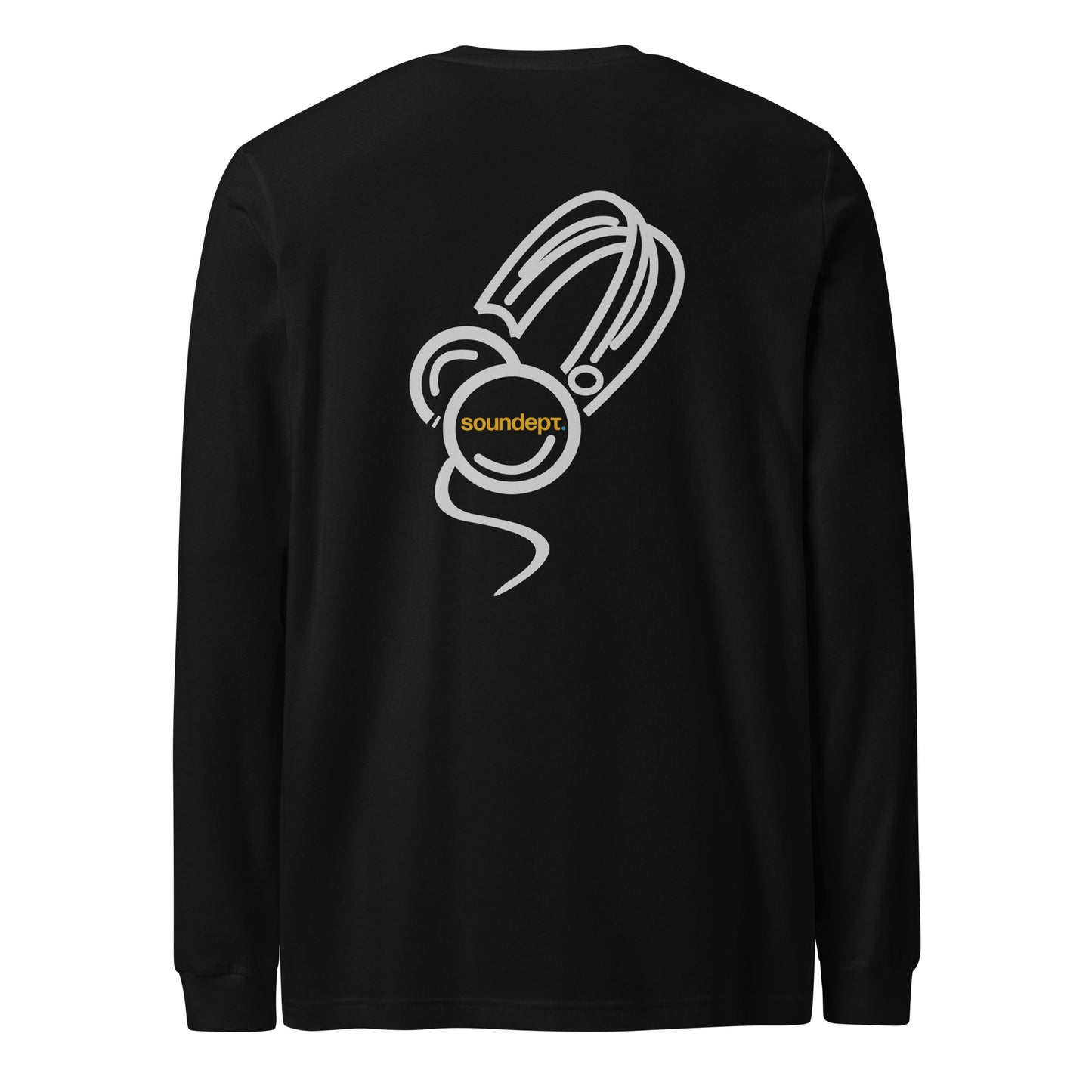 Cantoon Comic Sketch long sleeve tee. Back view of black colour shirt with cartoon style graphic of headphones.