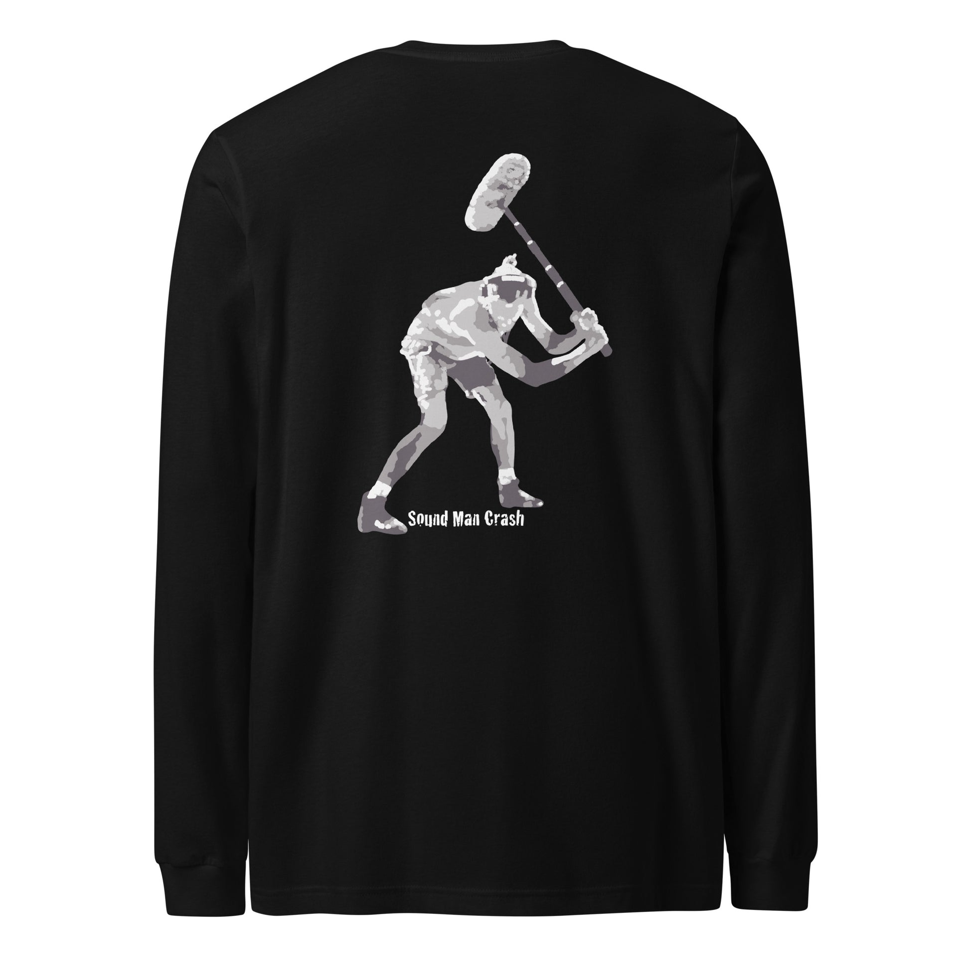 Sound Guy Crash Boom Swing long sleeve tee. Back view of black shirt with a graphic of a man swinging a boom mic towards the ground.