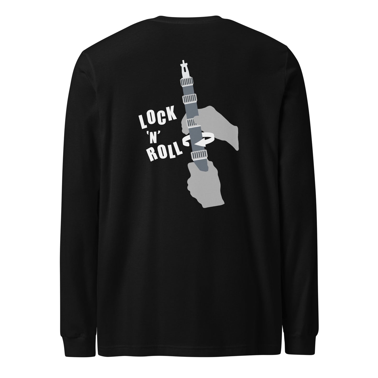 Lock 'n' Roll Boom Pole long sleeve Tee. Back view of a black t-shirt with a graphic of a microphone boom on it.