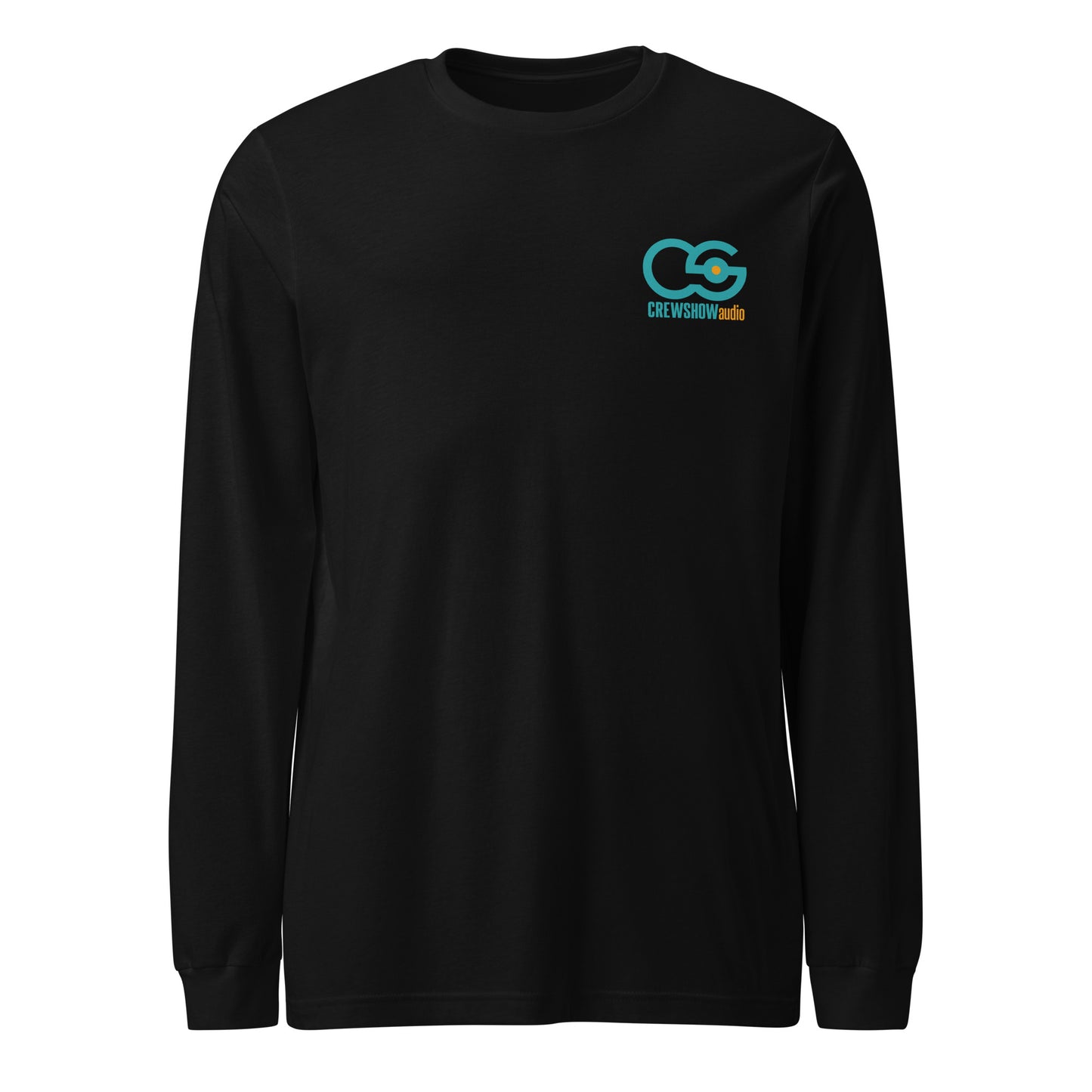 Credits Film Sound Crew Unisex Long Sleeve T-shirt. Front view of black long sleeve t-shirt with the Crew Show Audio logo on it