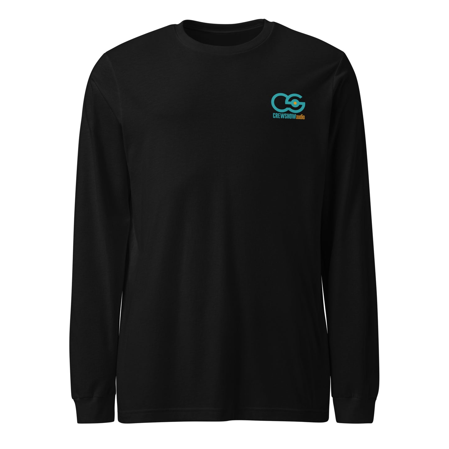 Sound Guy Crash Boom Swing long sleeve tee. Front view of black shirt with the Crew Show Audio logo at the top.