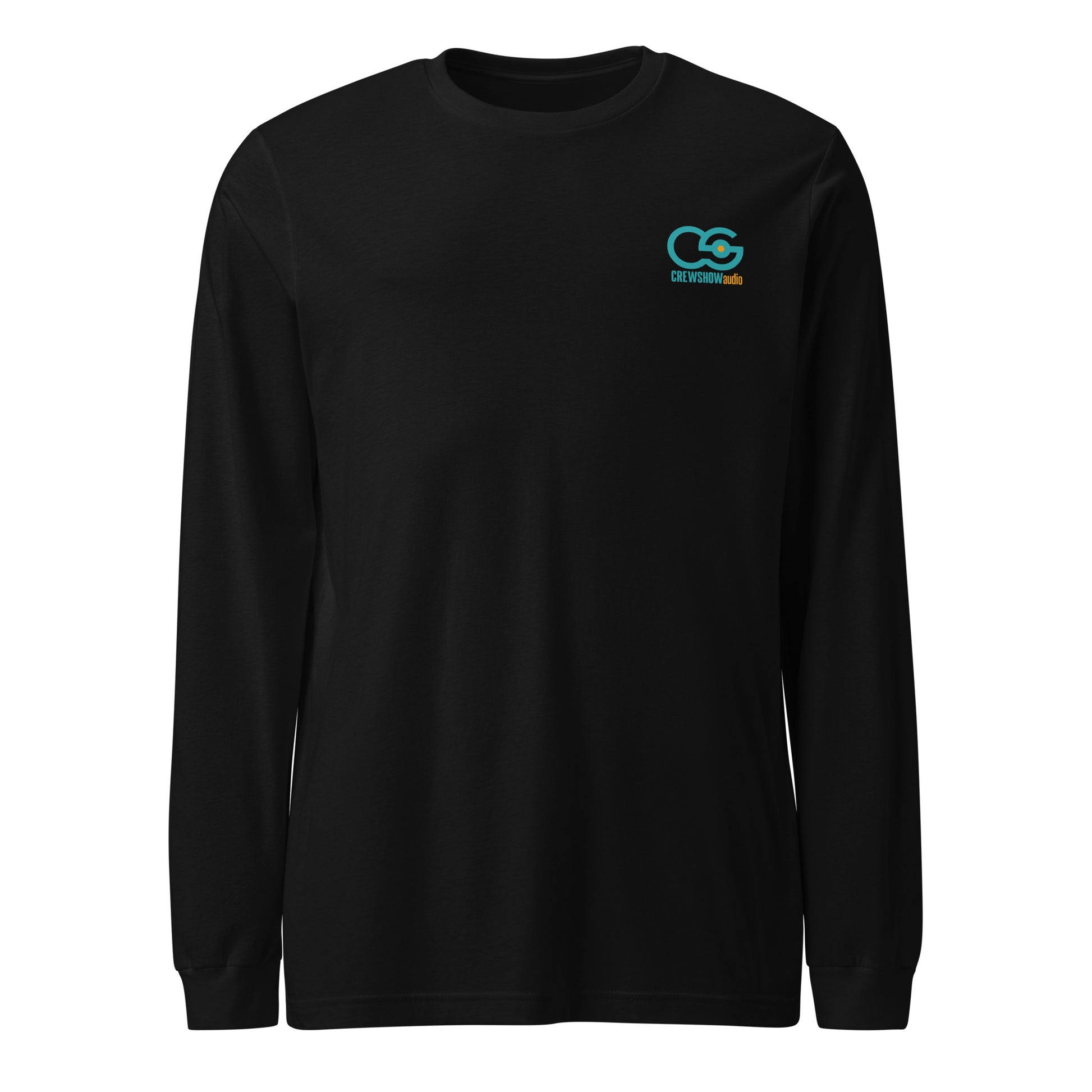 Lock 'n' Roll Boom Pole long sleeve Tee. Front view of a black t-shirt with the Crew Show Audio logo on it.