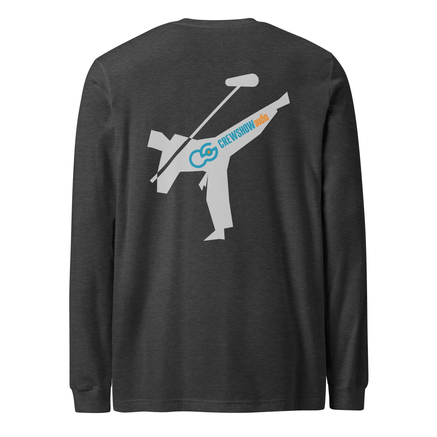 First Lieutenant Boom Warrior long-sleeve tee. Back view of a dark grey long-sleeve t-shirt with a large graphic of a martial arts fighter holding a boom microphone.