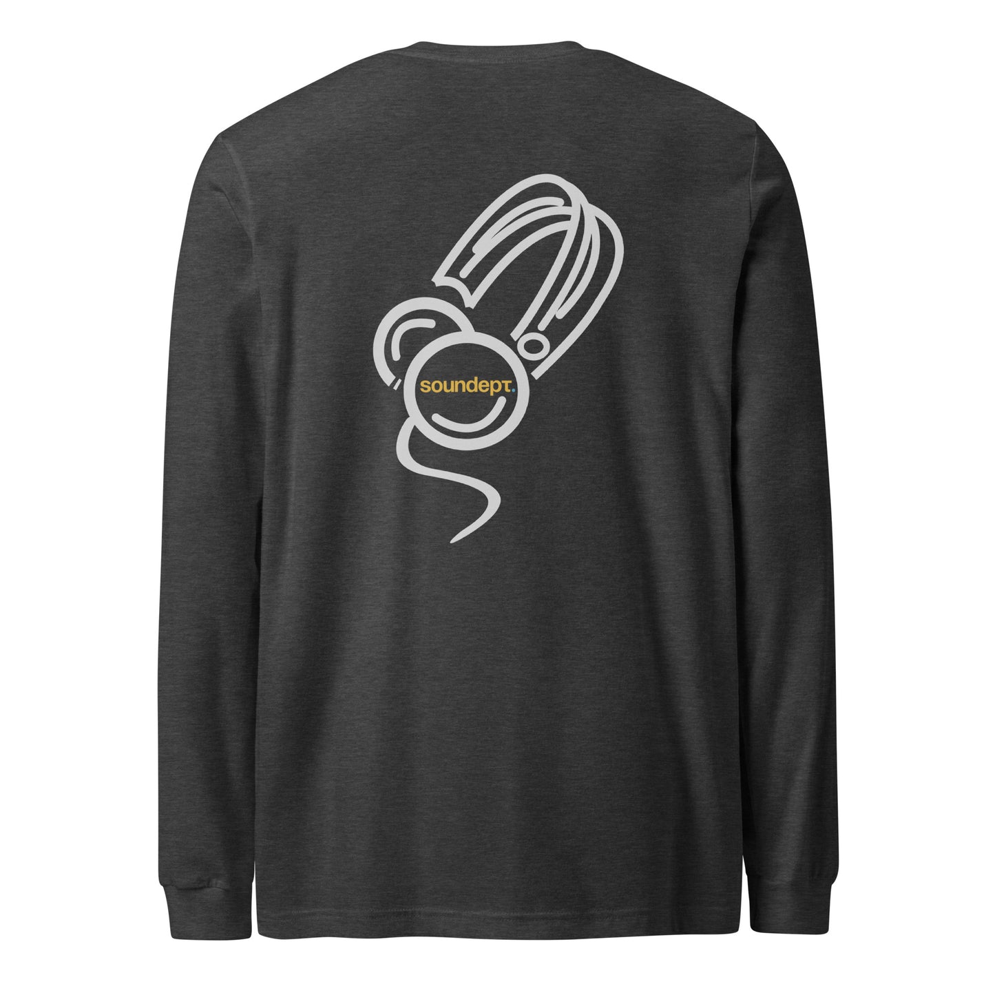 Cantoon Comic Sketch long sleeve tee. Back view of dark grey colour shirt with cartoon style graphic of headphones.