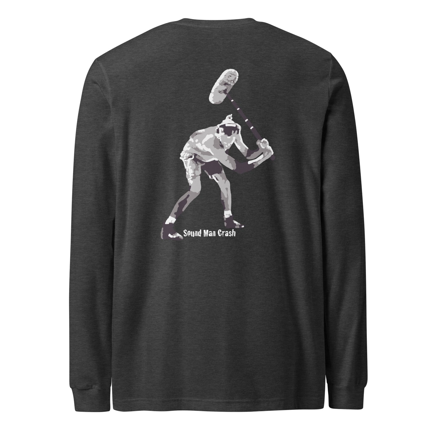 Sound Guy Crash Boom Swing long sleeve tee. Back view of dark grey shirt with a graphic of a man swinging a boom mic towards the ground.