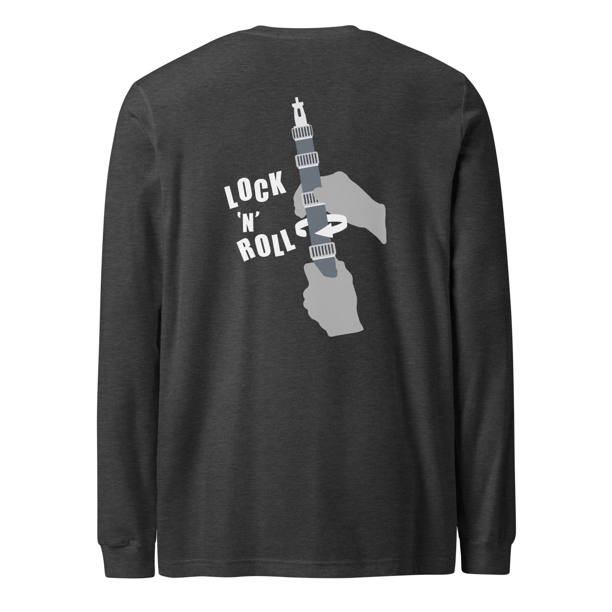 Lock 'n' Roll Boom Pole long sleeve Tee. Back view of a dark grey t-shirt with a graphic of a microphone boom on it.