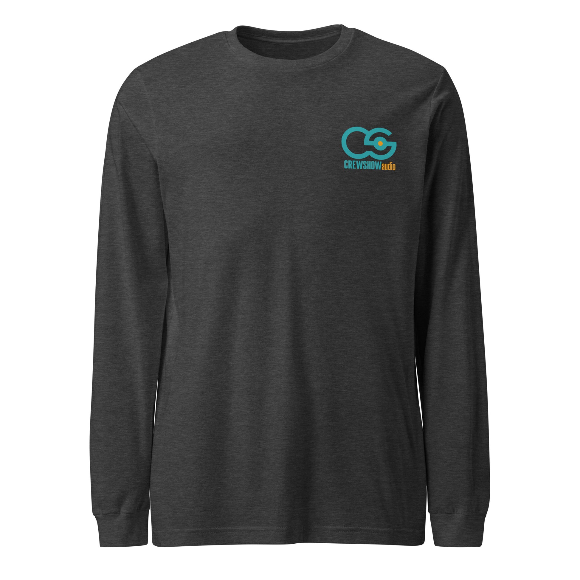 Credits Film Sound Crew Unisex Long Sleeve T-shirt. Front view of dark grey long sleeve t-shirt with the Crew Show Audio logo on it