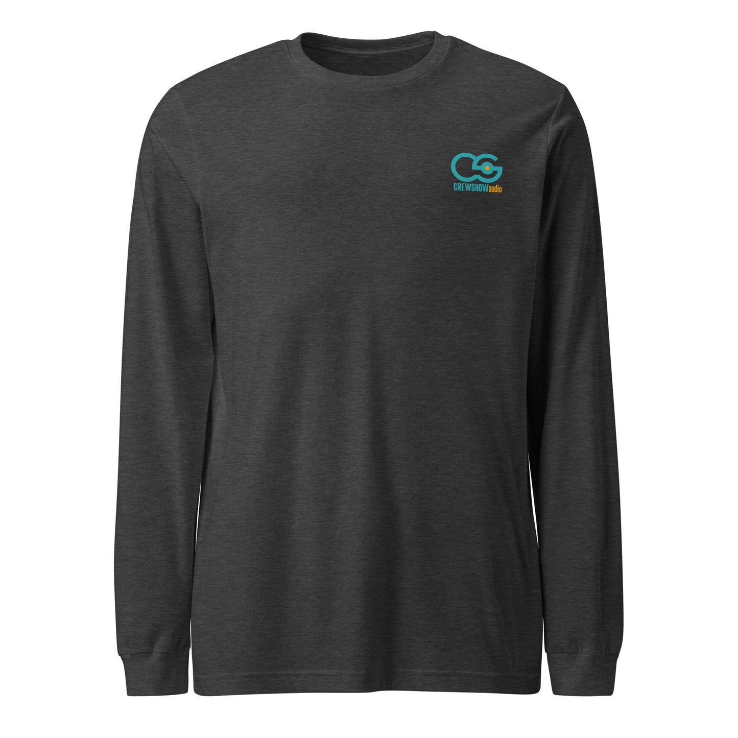 Lock 'n' Roll Boom Pole long sleeve Tee. Front view of a dark grey t-shirt with the Crew Show Audio logo on it.